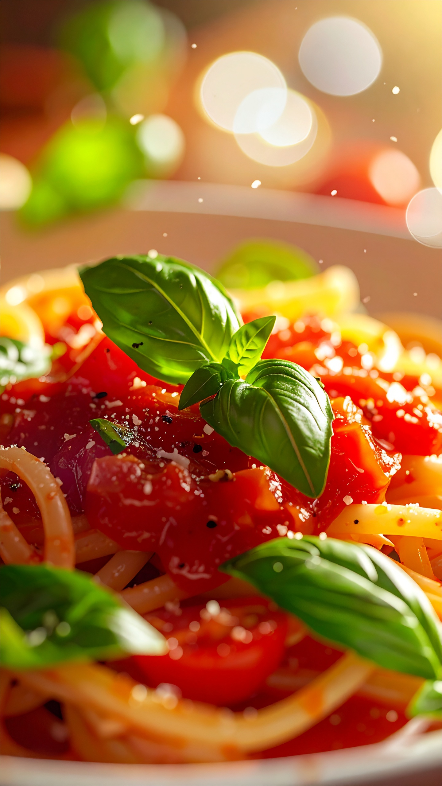 Prato de espaguete com molho de tomate fresco, decorado com folhas de manjericão, capturado em close-up com iluminação quente e suave. O foco realça as texturas dos ingredientes, criando uma atmosfera apetitosa e vibrante, com fundo desfocado e bokeh colorido.