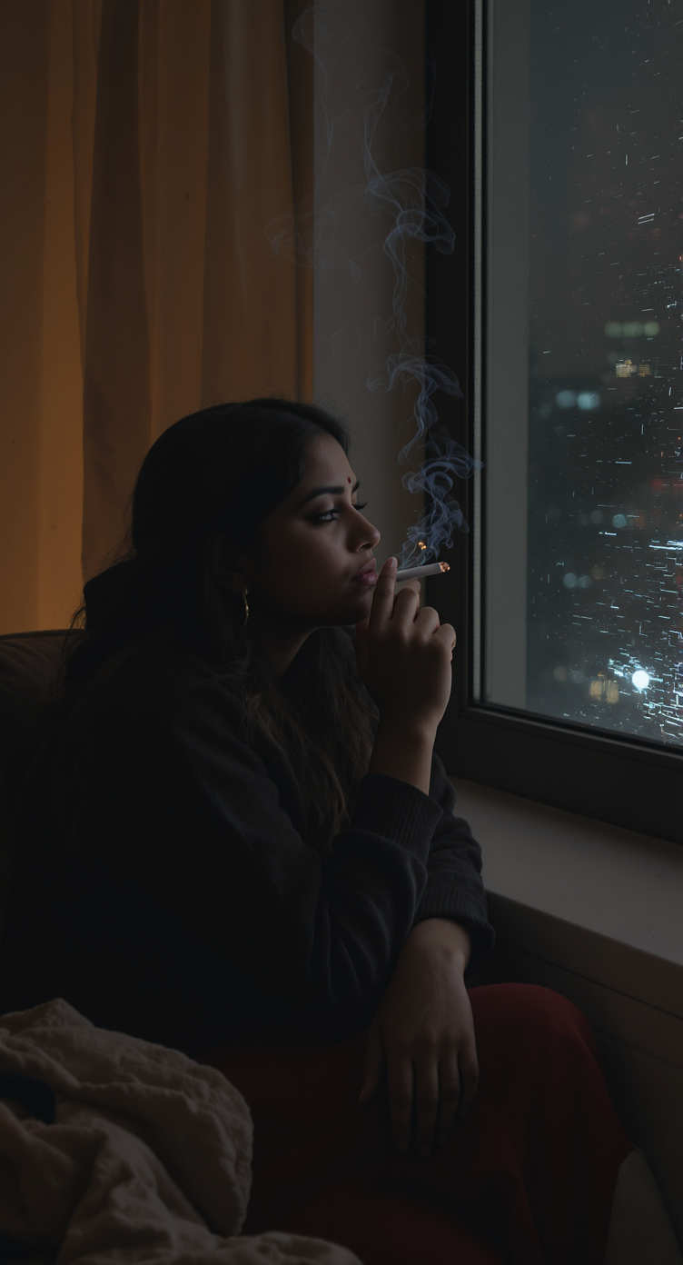 A woman sits by a window, smoking, while gazing at the city lights outside