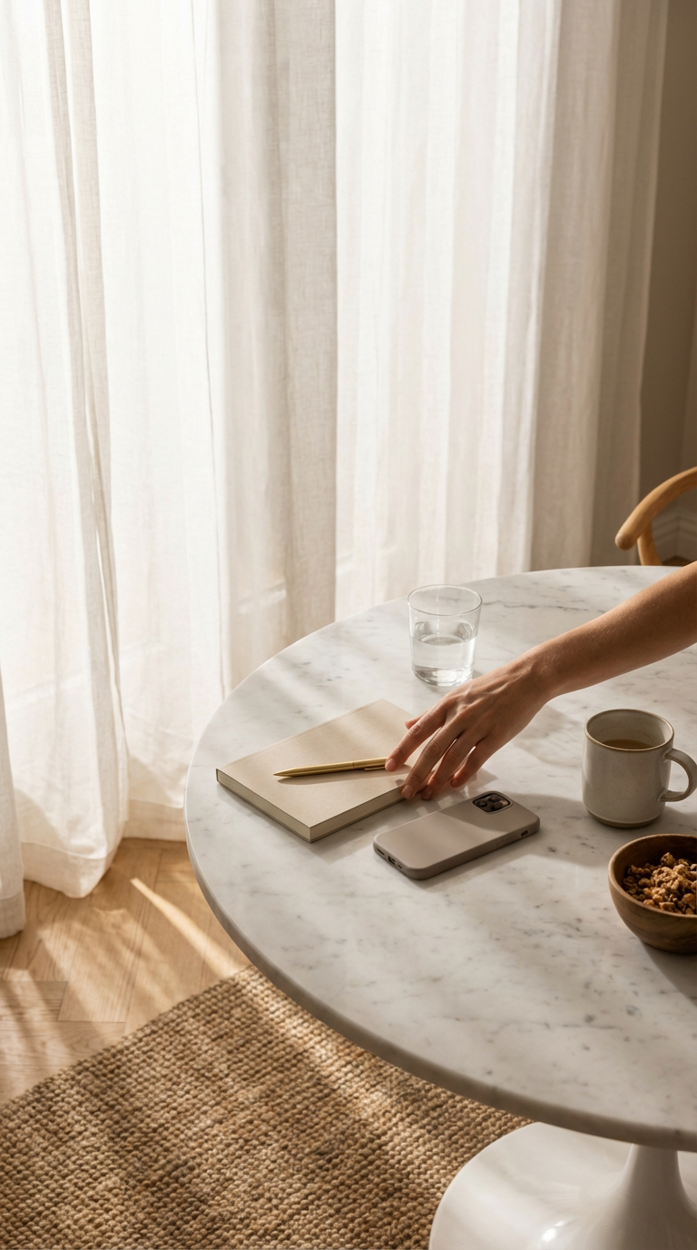 A serene workspace setup features a marble table with a notebook, pen, smartphone, and a