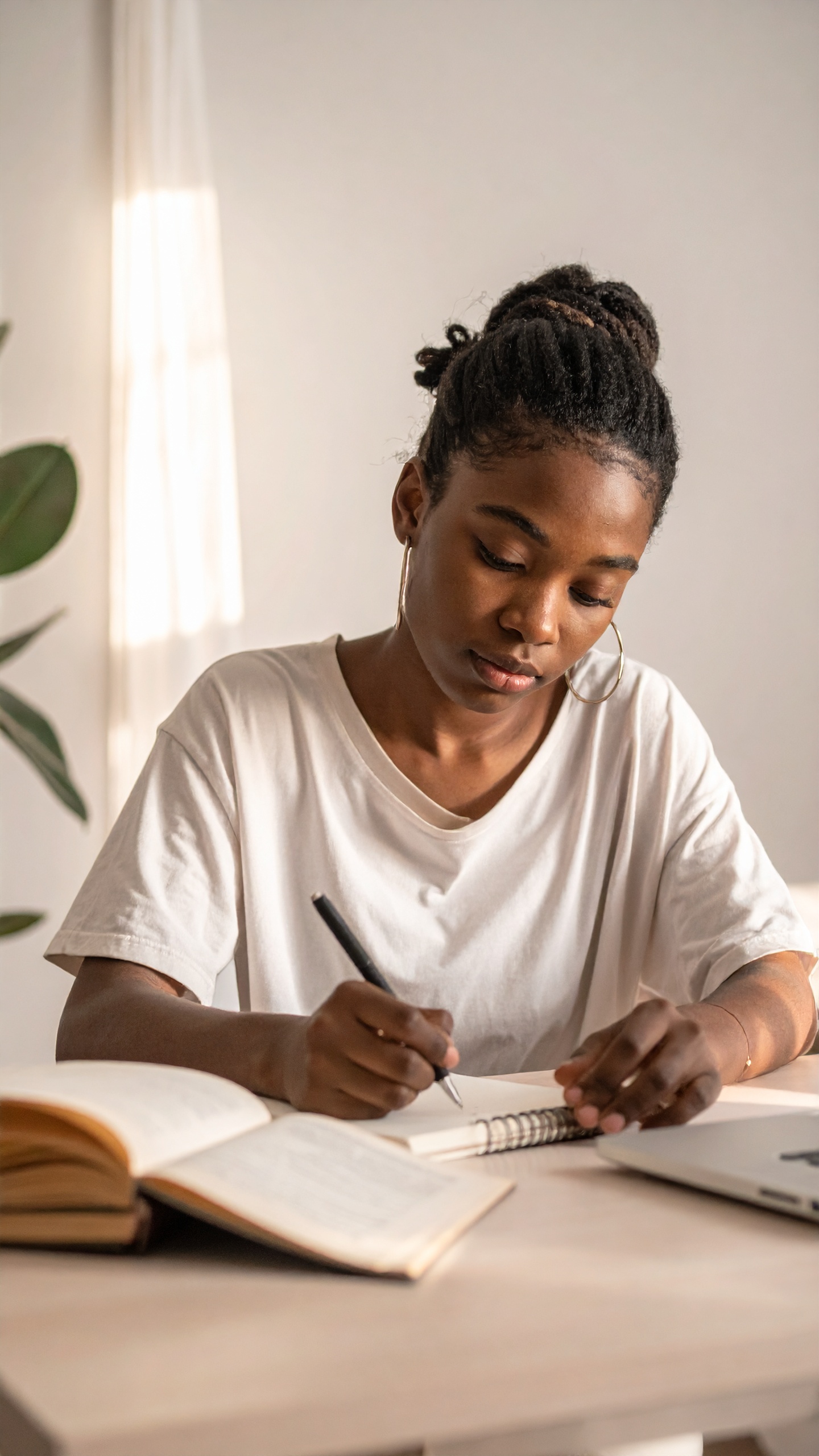 A young woman in a white shirt is engaged in writing at her desk, surrounded