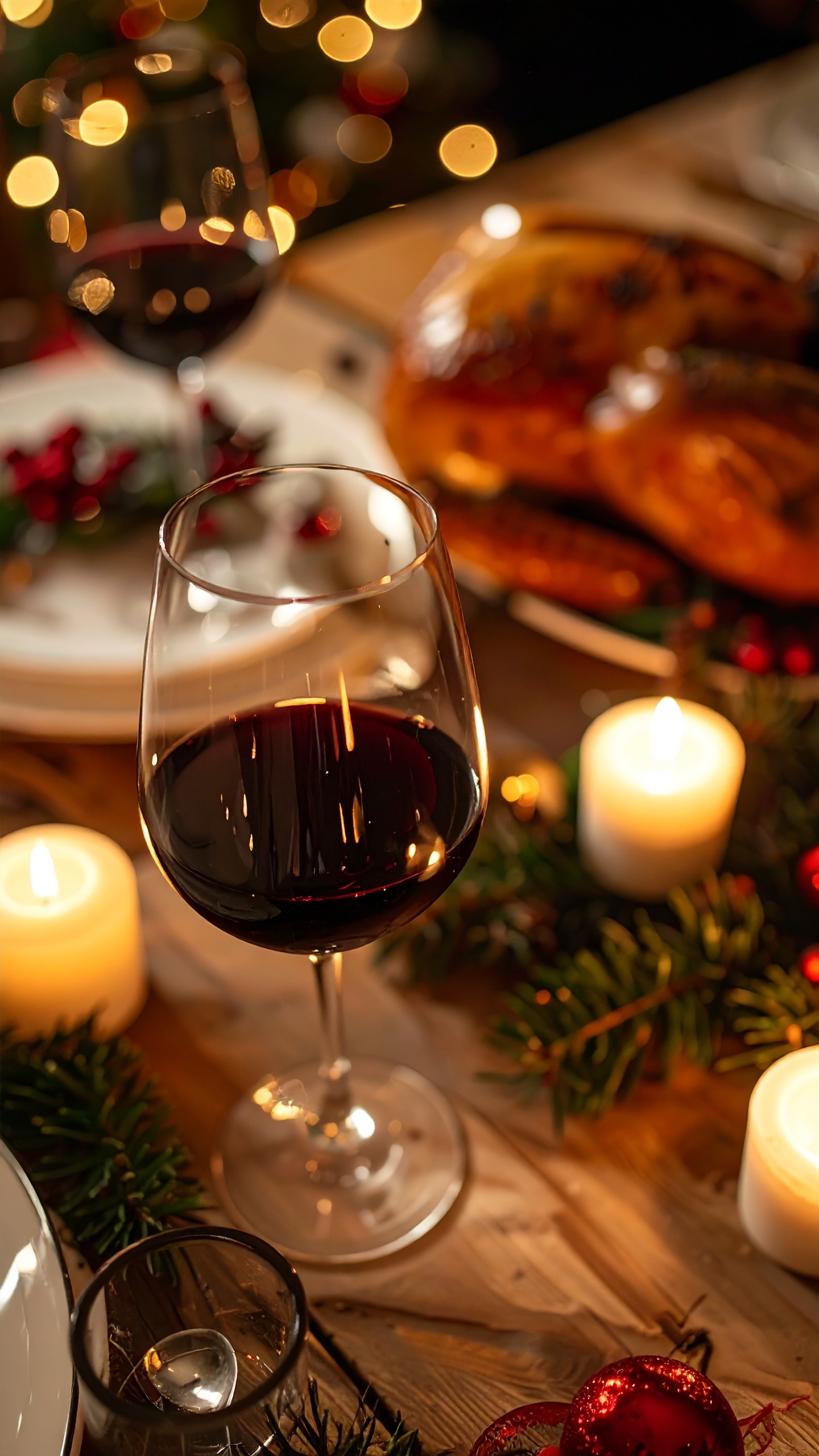Red Wine Glass on a Festively Decorated Table
