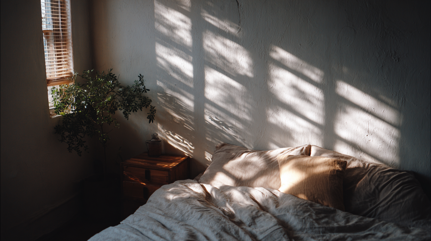 A cozy bedroom scene featuring soft sunlight casting shadows on a bed with neutral-toned bedding. A potted plant adds a touch of greenery, while wooden furniture enhances the warm atmosphere.