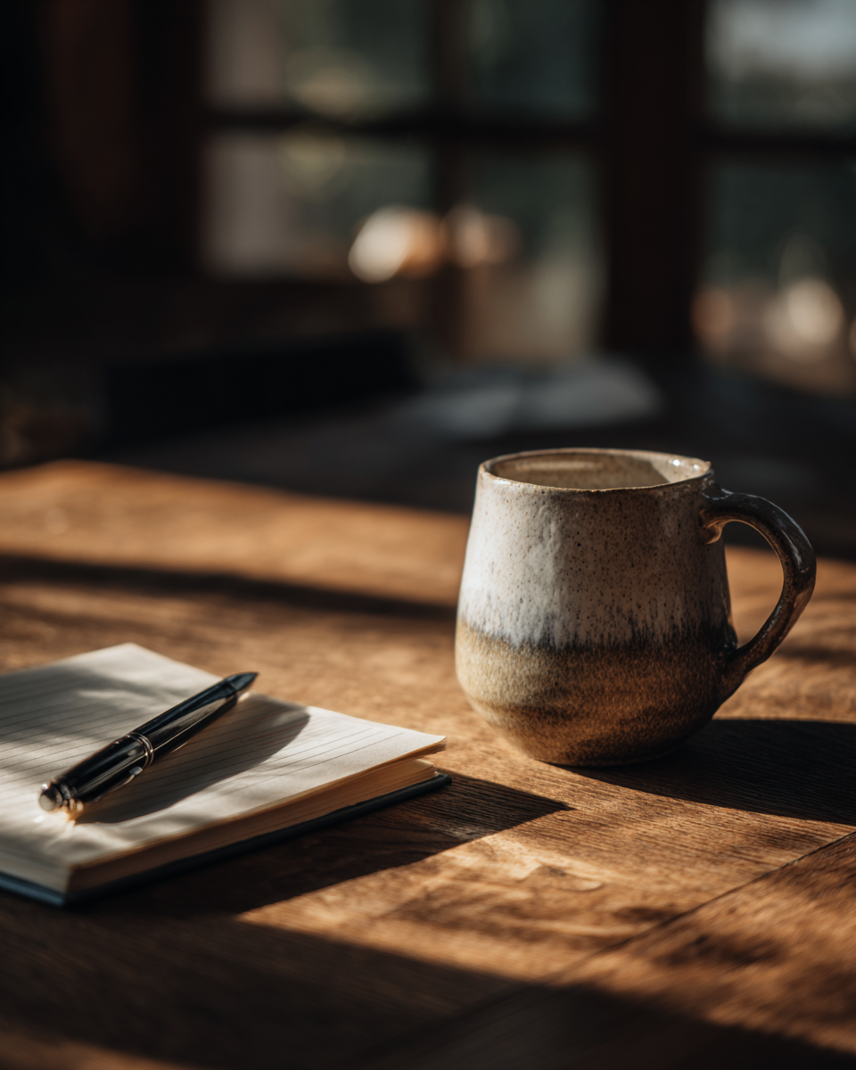 A imagem apresenta um cenário tranquilo com uma caneca de cerâmica ao lado de um bloco de notas e uma caneta, iluminados pela luz suave que entra pela janela. O fundo desfocado sugere um ambiente aconchegante, enquanto as sombras criadas pela luz destacam a textura da madeira da mesa.