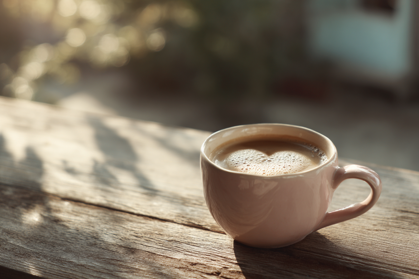 Uma xícara de café cremoso repousa sobre uma mesa de madeira, com um coração formado pela espuma na superfície da bebida. A luz suave do sol ilumina a cena, criando um ambiente acolhedor e relaxante.