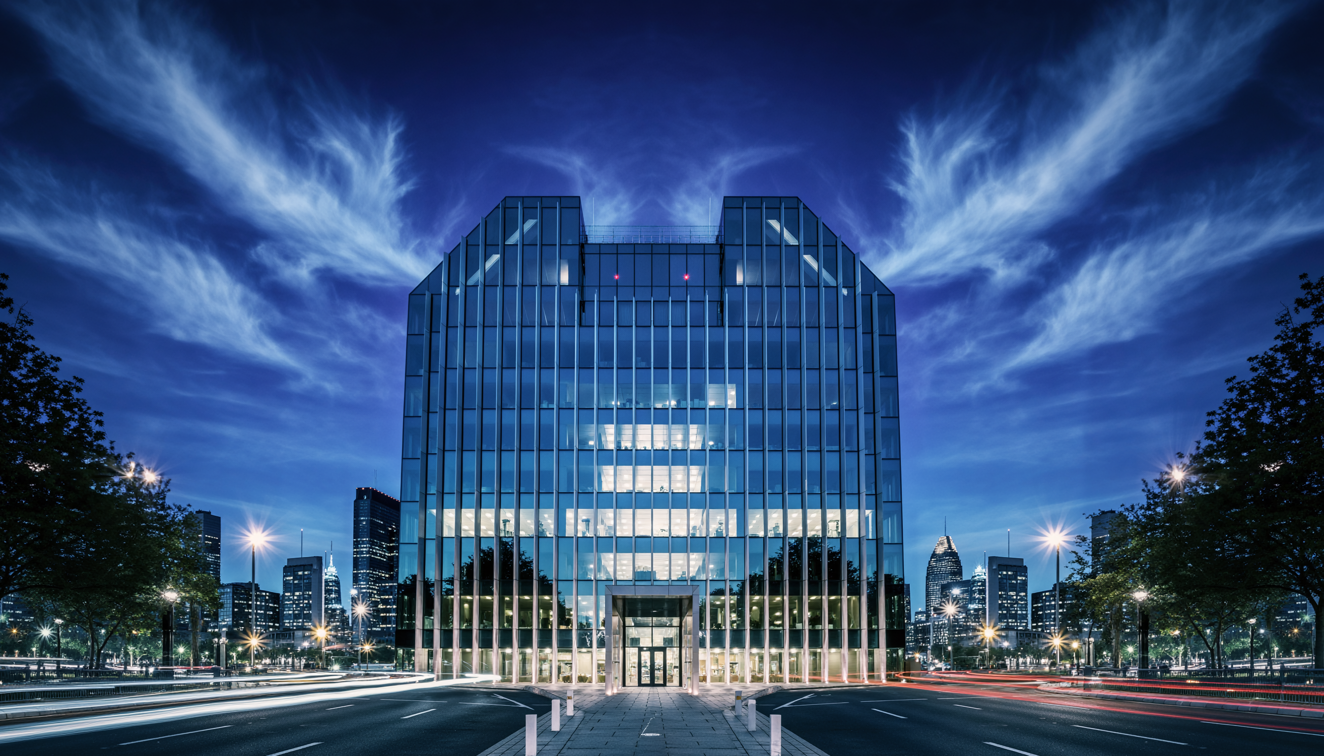 Edifício moderno de vidro com iluminação urbana noturna, situado no centro de uma cidade, cercado por árvores e céu azul profundo com nuvens finas, criando uma composição simétrica e atmosfera futurista.