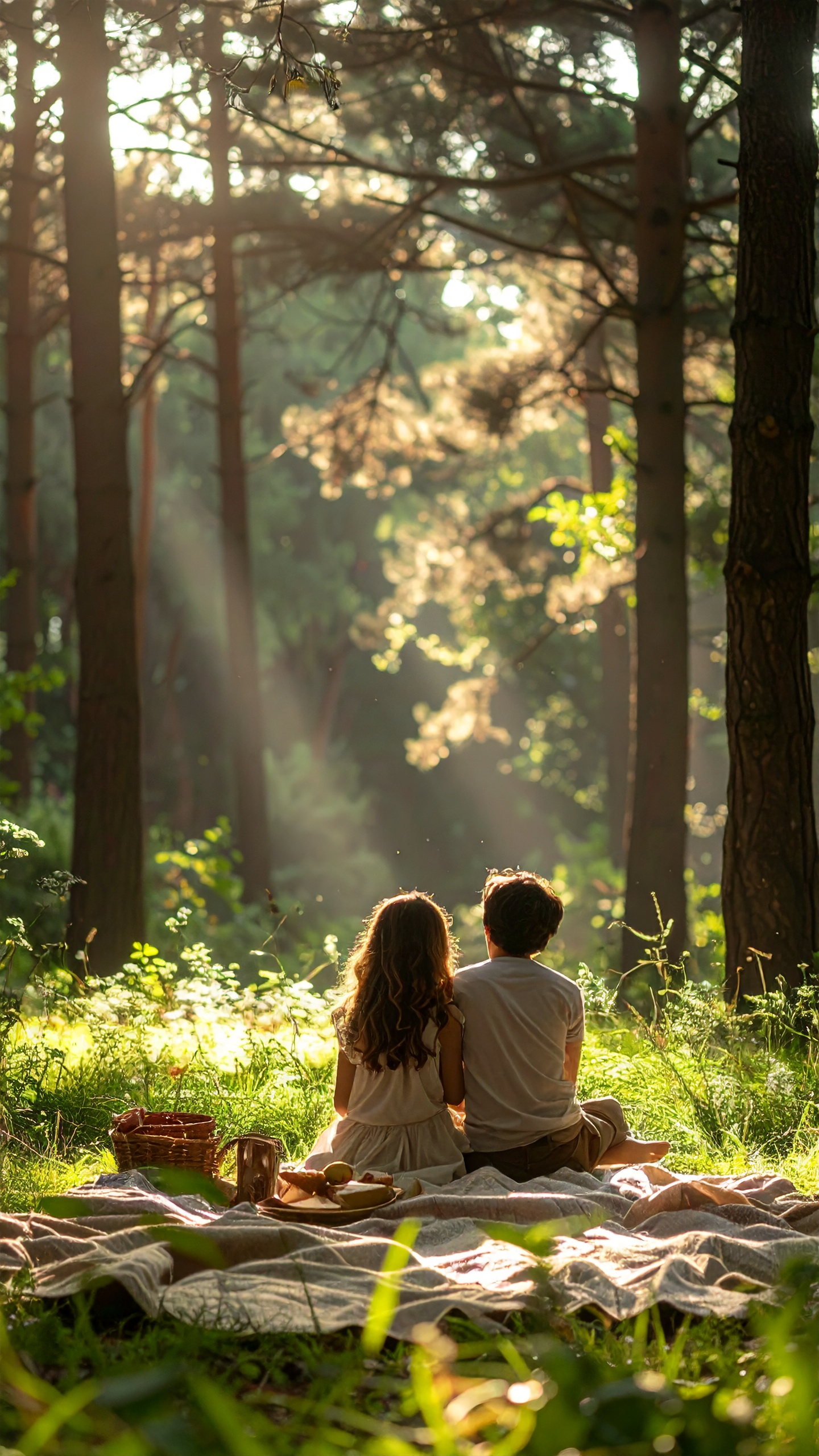 A couple enjoys a serene picnic in a sunlit forest