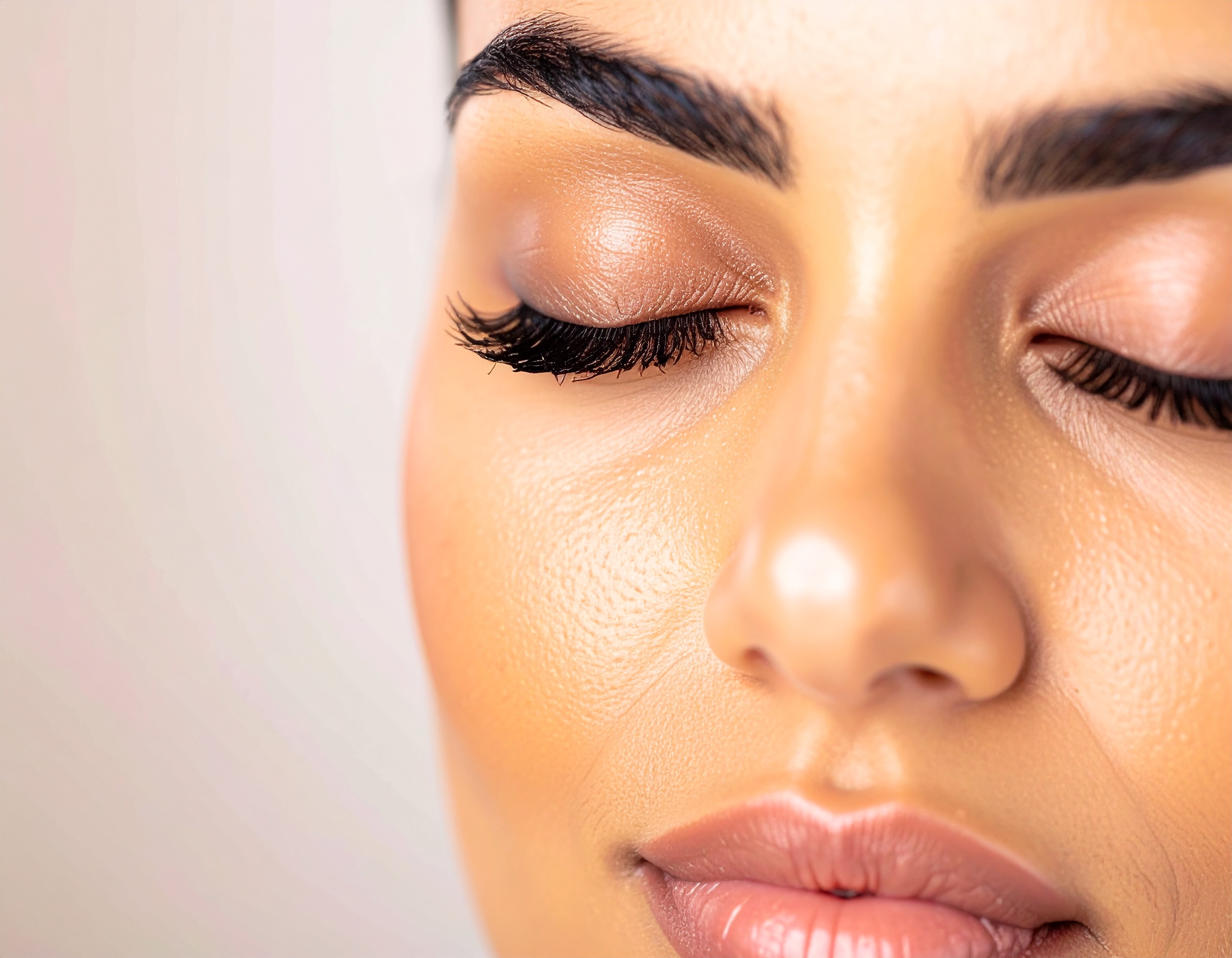 Close-up of a woman's face with flawless makeup highlighting her closed eyes and smooth skin