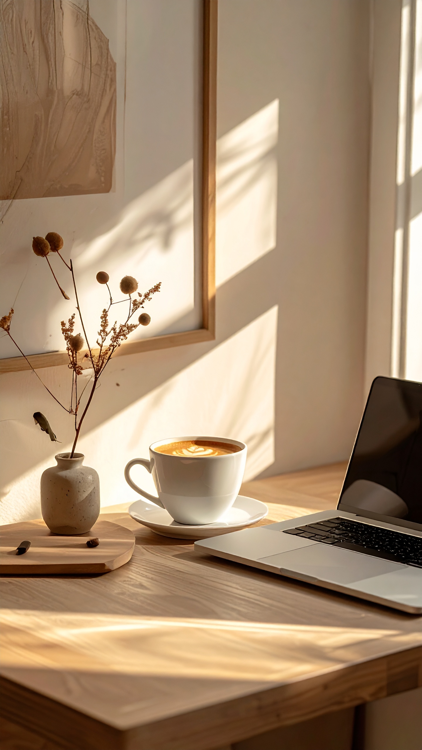 Cozy Workspace with Light Wood Table and Laptop
