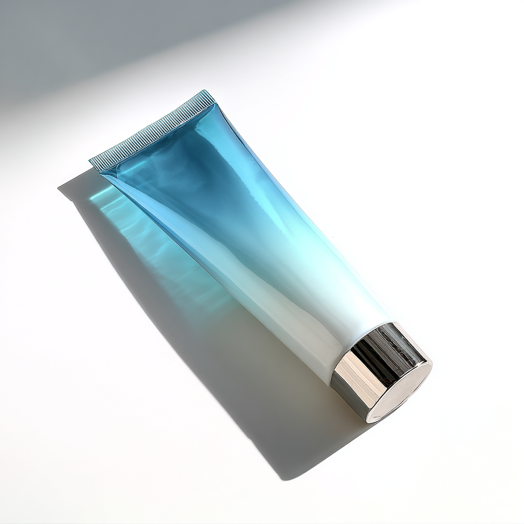 Tubo de creme azul gradiente em fundo branco minimalista, destacando elegância e simplicidade. Luz suave cria sombras delicadas, transmitindo sensação de frescor e pureza.