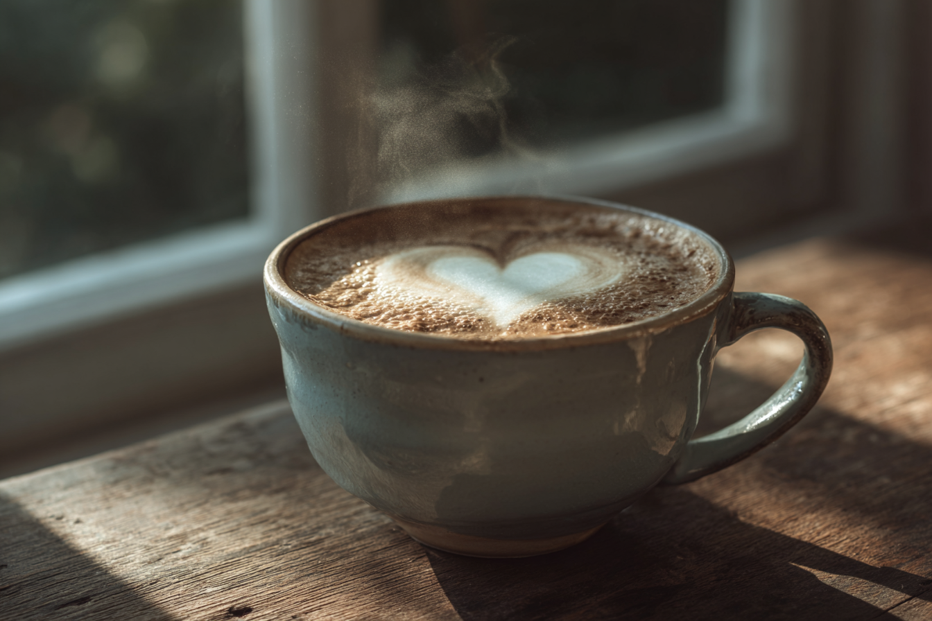 A imagem mostra uma xícara de café com um padrão de coração na espuma. O café é de uma cor marrom rica, enquanto a espuma tem um tom mais claro, quase branco. A xícara é de cerâmica, com um acabamento fosco e uma borda ligeiramente brilhante. O ambiente é iluminado por luz natural, criando um contraste suave entre a xícara e a superfície de madeira da mesa, que possui uma textura rústica.