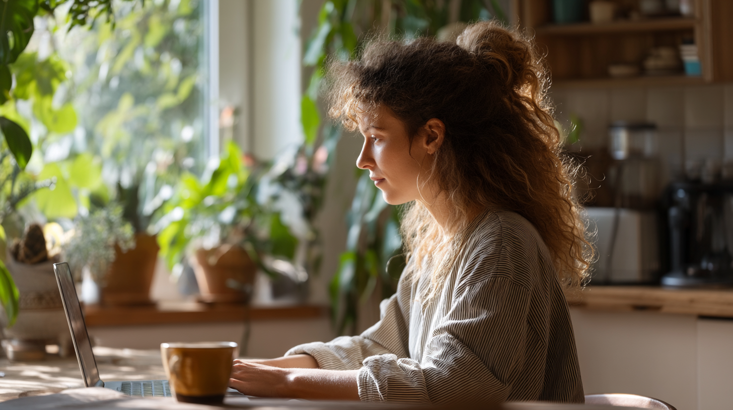 Mulher com cabelo cacheado sentada à mesa, trabalhando em um laptop em um ambiente iluminado por luz natural, cercada por plantas em vasos. Uma xícara de café está na mesa ao lado do laptop.