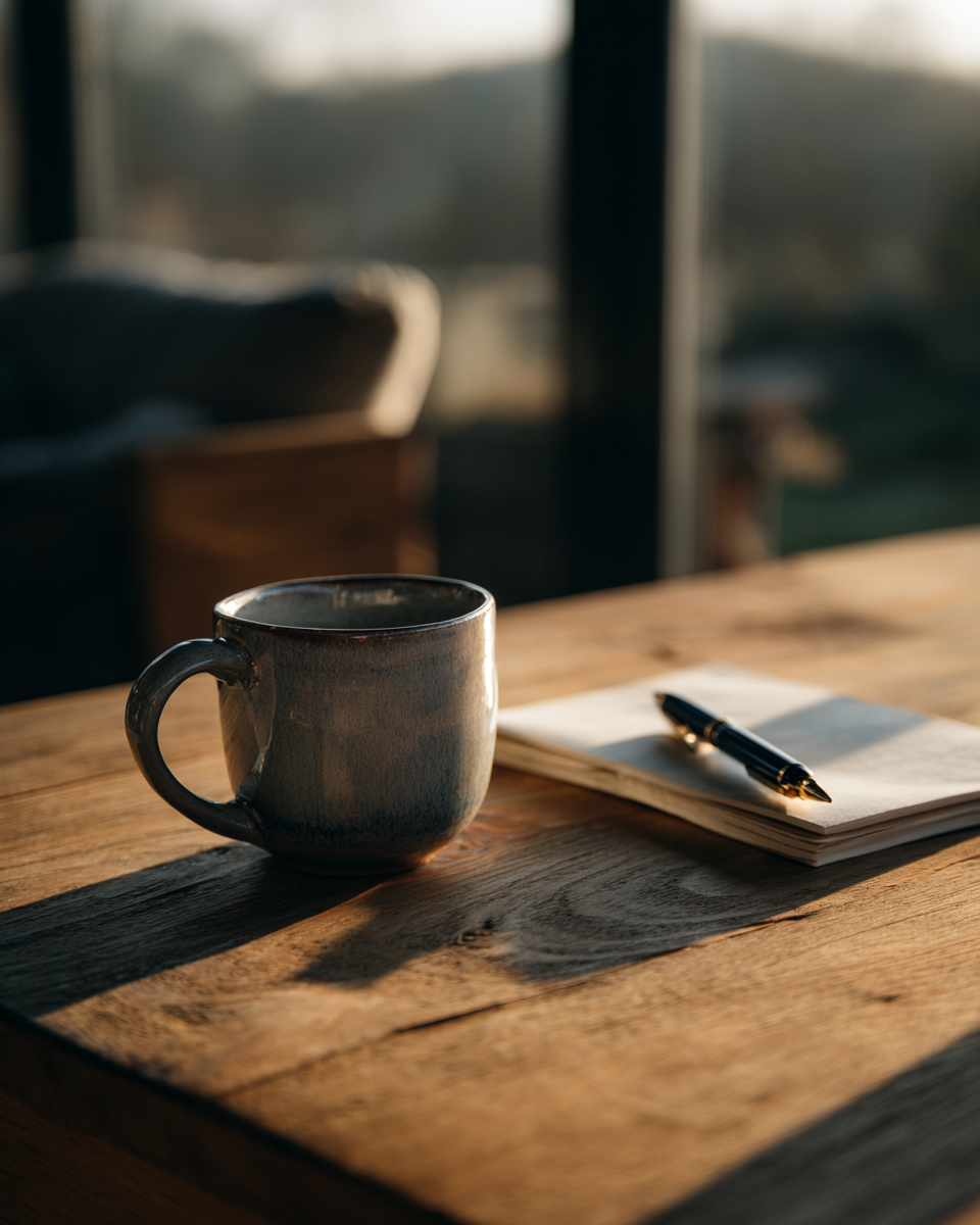 A imagem captura uma cena tranquila de um ambiente interior, onde uma caneca de cerâmica está posicionada sobre uma mesa de madeira. A luz suave do sol ilumina a superfície da mesa, destacando suas texturas rústicas. Ao lado da caneca, há um bloco de anotações com uma caneta elegante, criando um cenário que sugere um momento de contemplação ou trabalho.