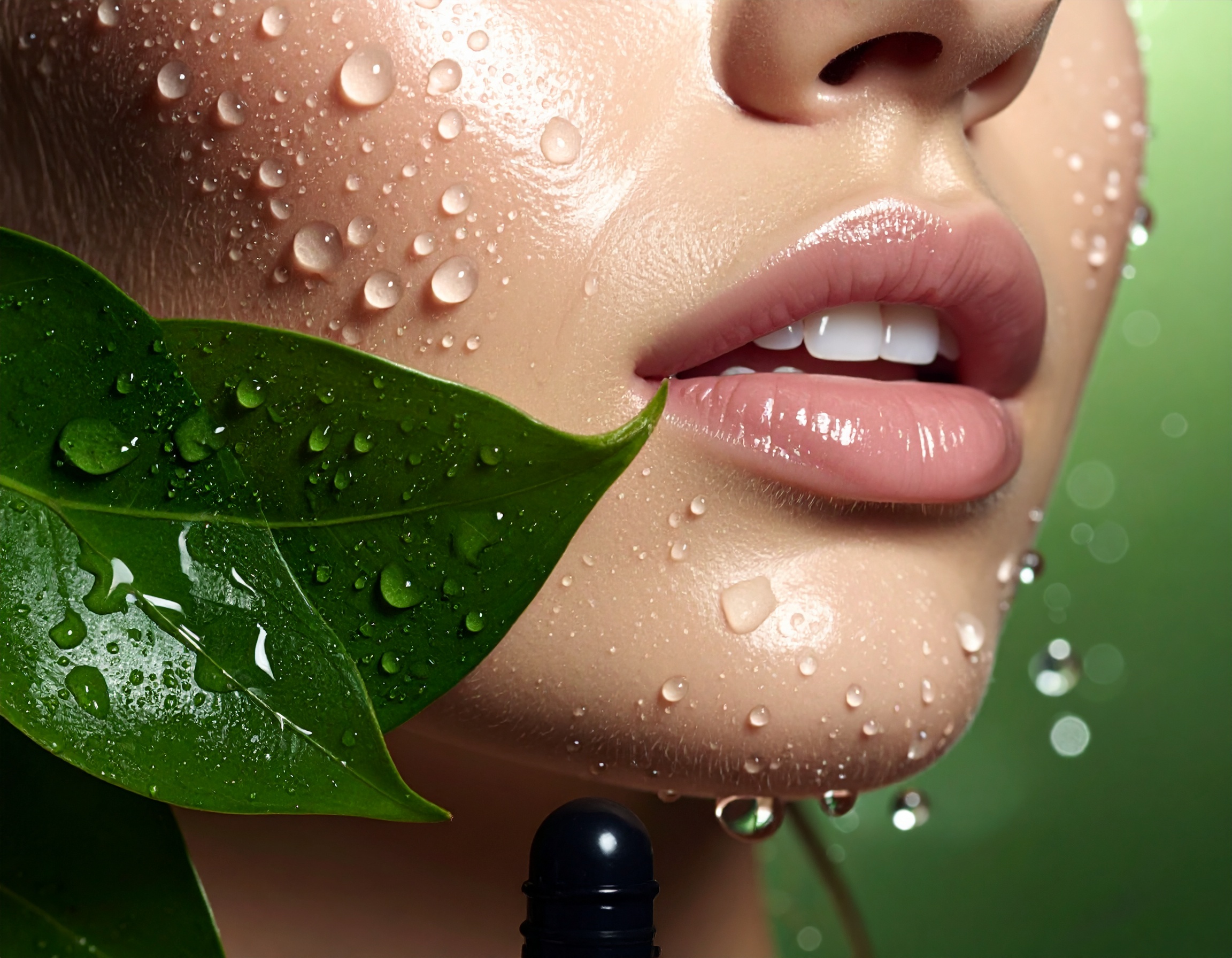 Close-up de rosto feminino com pele úmida, destacando gotas d'água sobre a pele suave e lábios brilhantes. Folhas verdes frescas ao lado, criando contraste natural. Iluminação suave realça a textura, com foco nítido nos detalhes do rosto. Composição harmoniosa e vibrante em tons de verde e nude, evocando frescor e naturalidade em um ambiente sereno.