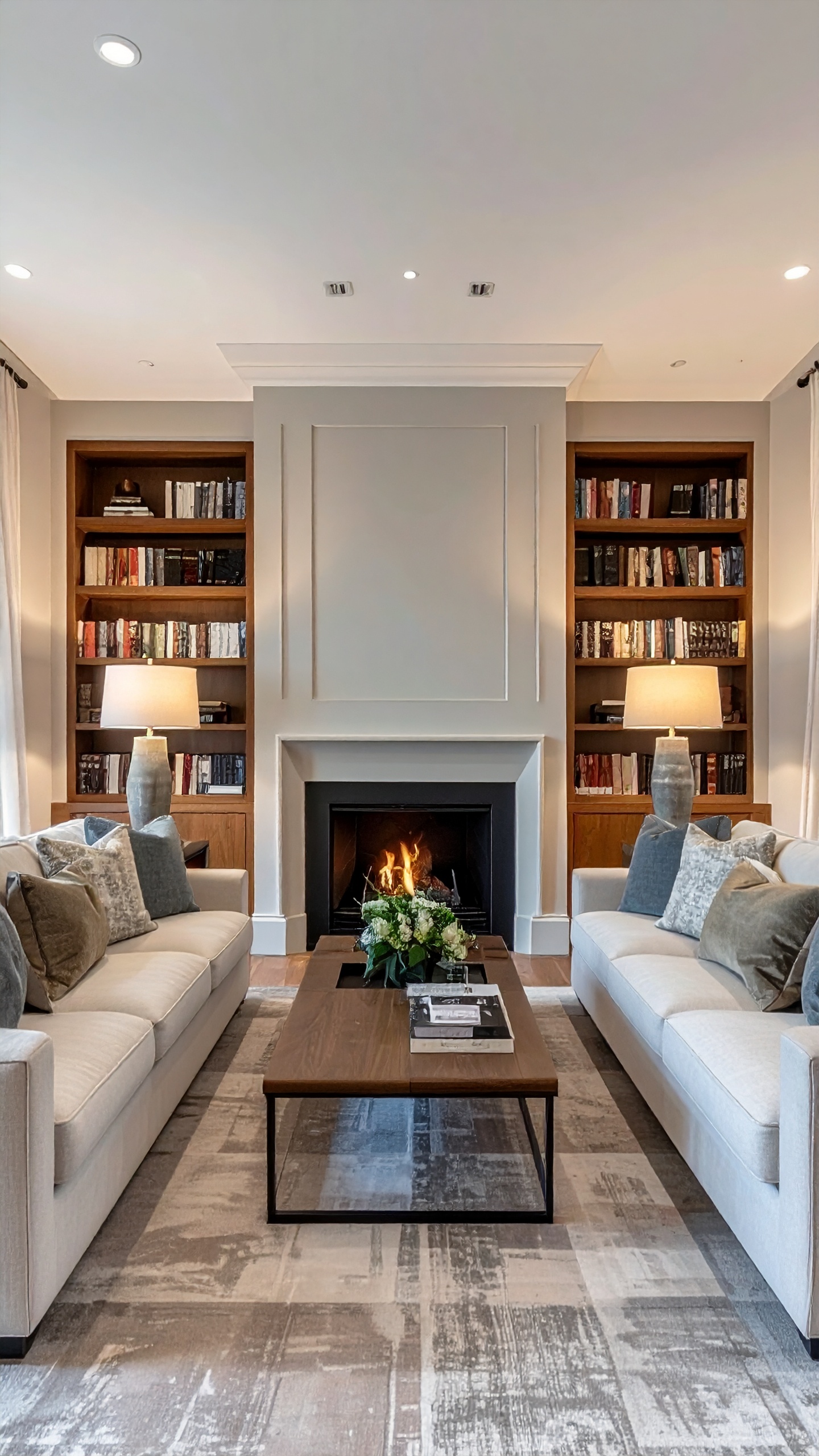 A cozy living room with elegant sofas faces a sleek fireplace