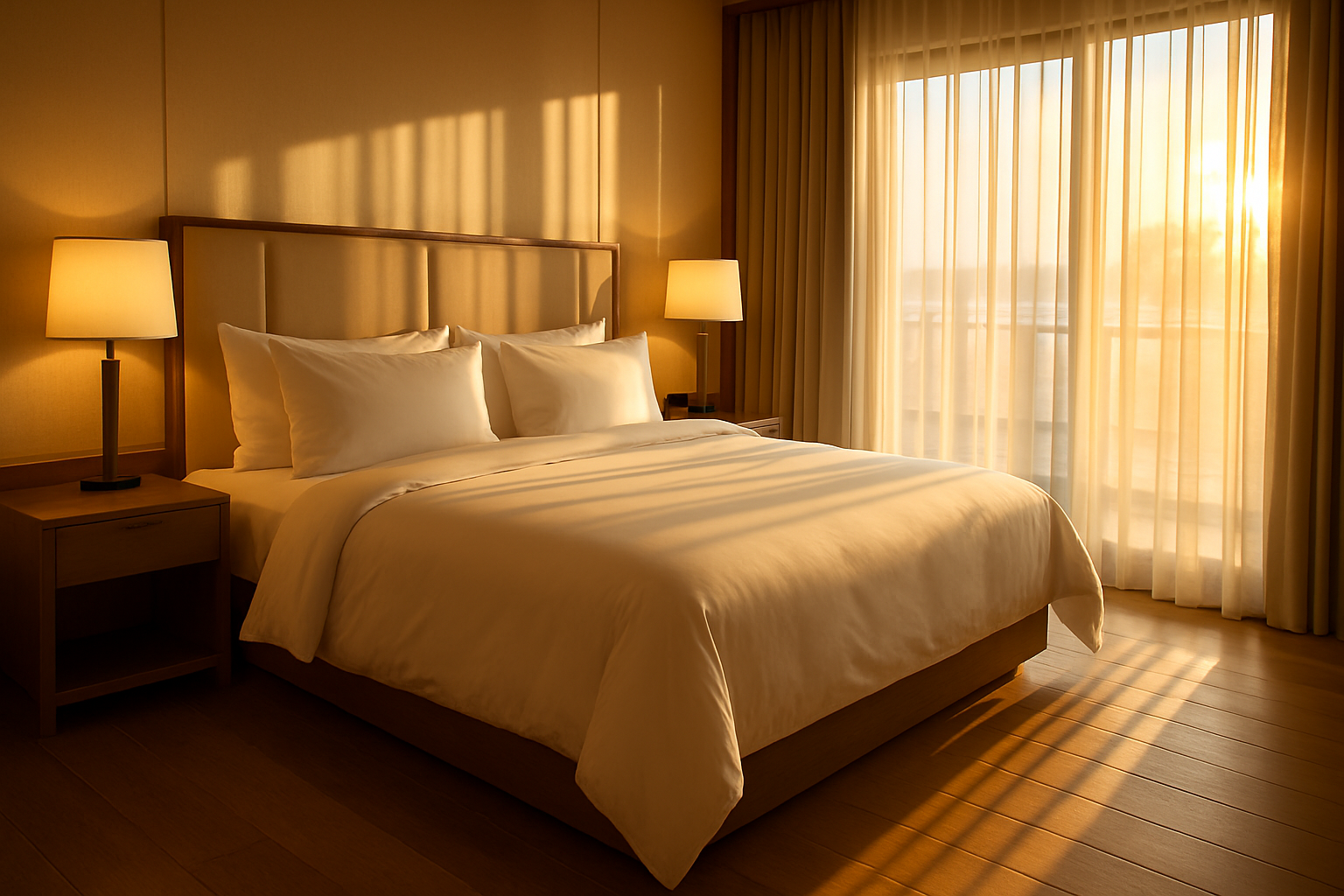 Quarto iluminado por luz dourada do pôr do sol, com cama de lençóis brancos, abajures e cortinas translúcidas, criando uma atmosfera serena e acolhedora.