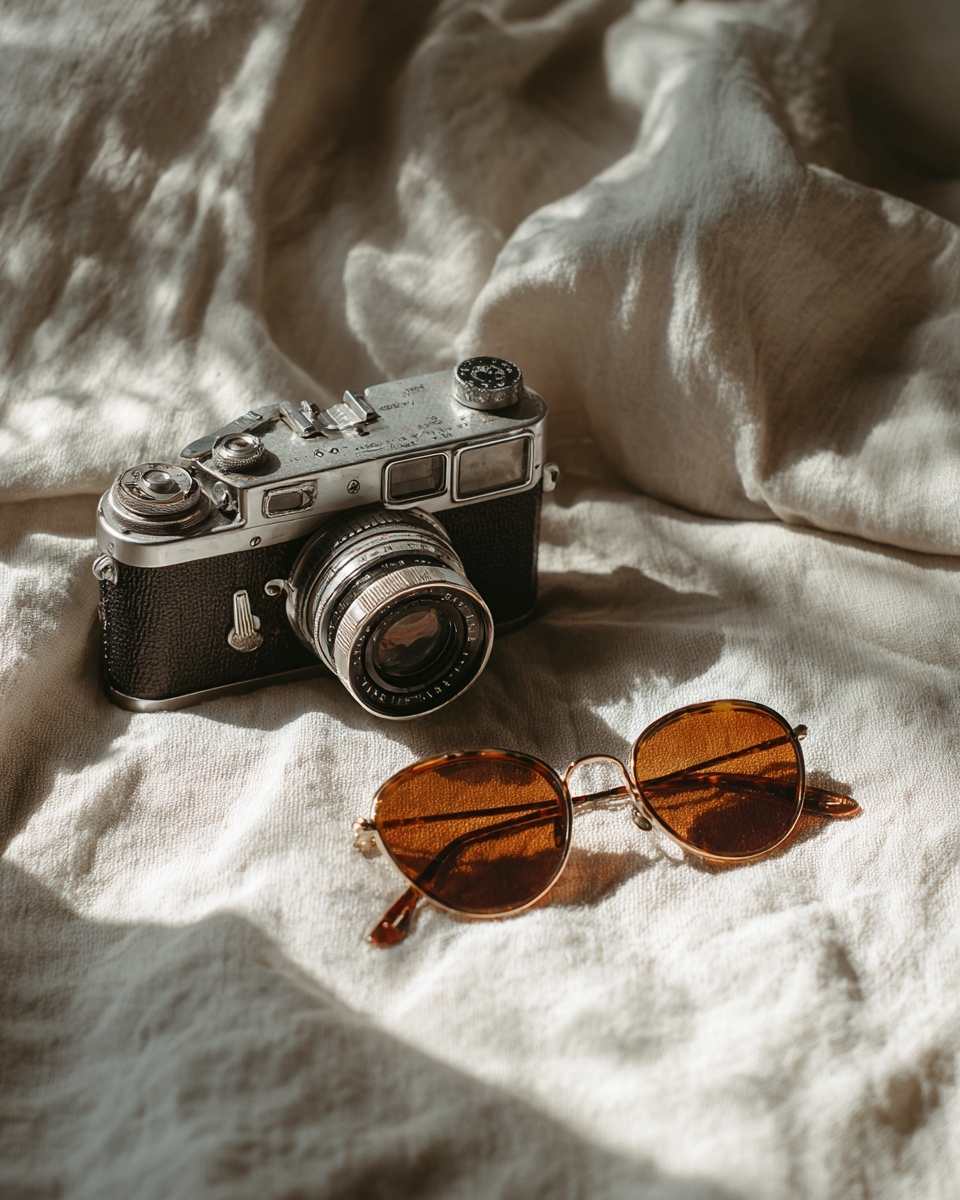 A imagem apresenta uma câmera vintage sobre uma superfície de tecido claro e amassado, com um par de óculos de sol ao lado. A luz suave cria sombras sutis que realçam as texturas do tecido e os reflexos nos óculos.