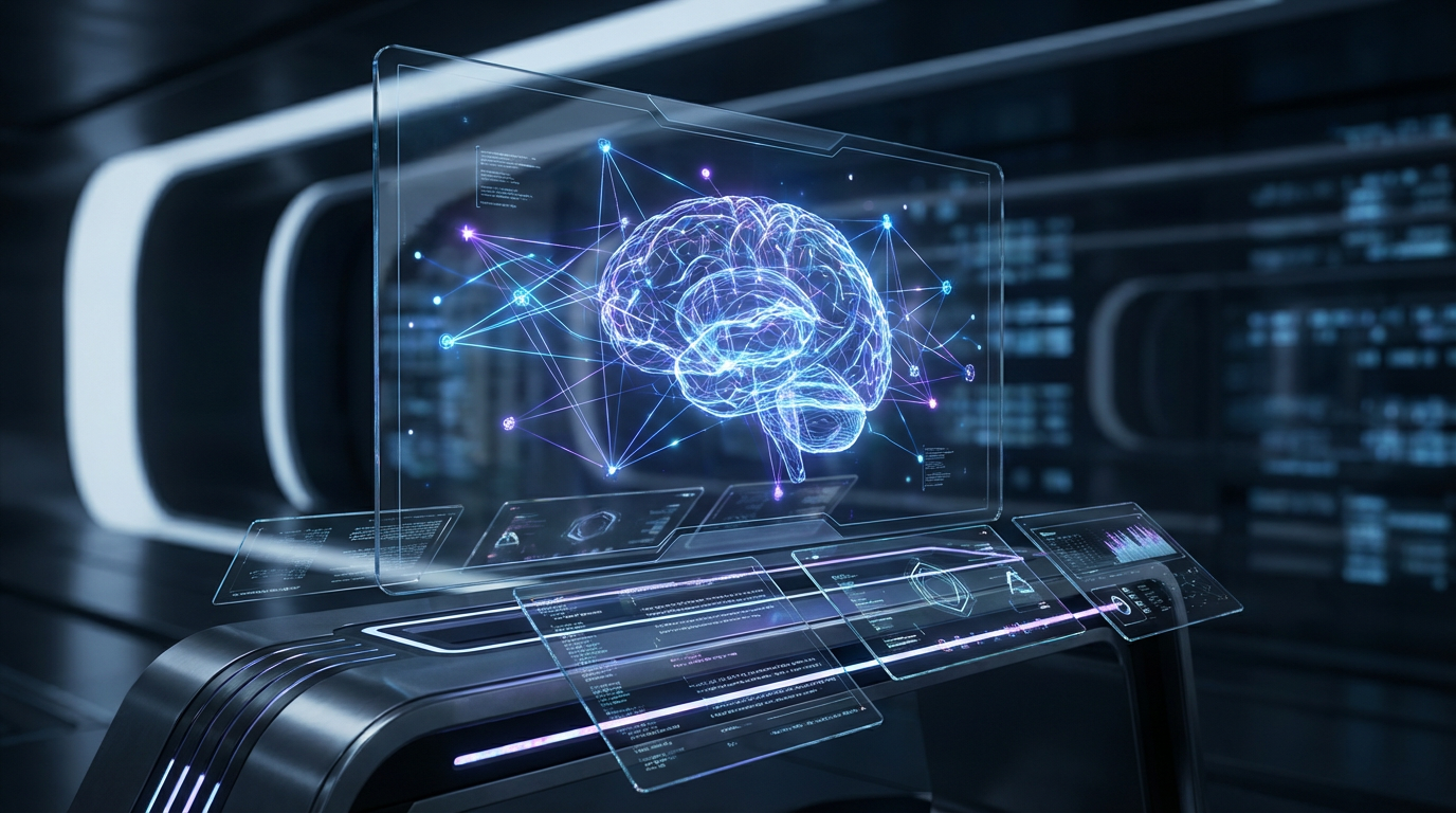 A futuristic digital interface displays a holographic brain with interconnecting lines