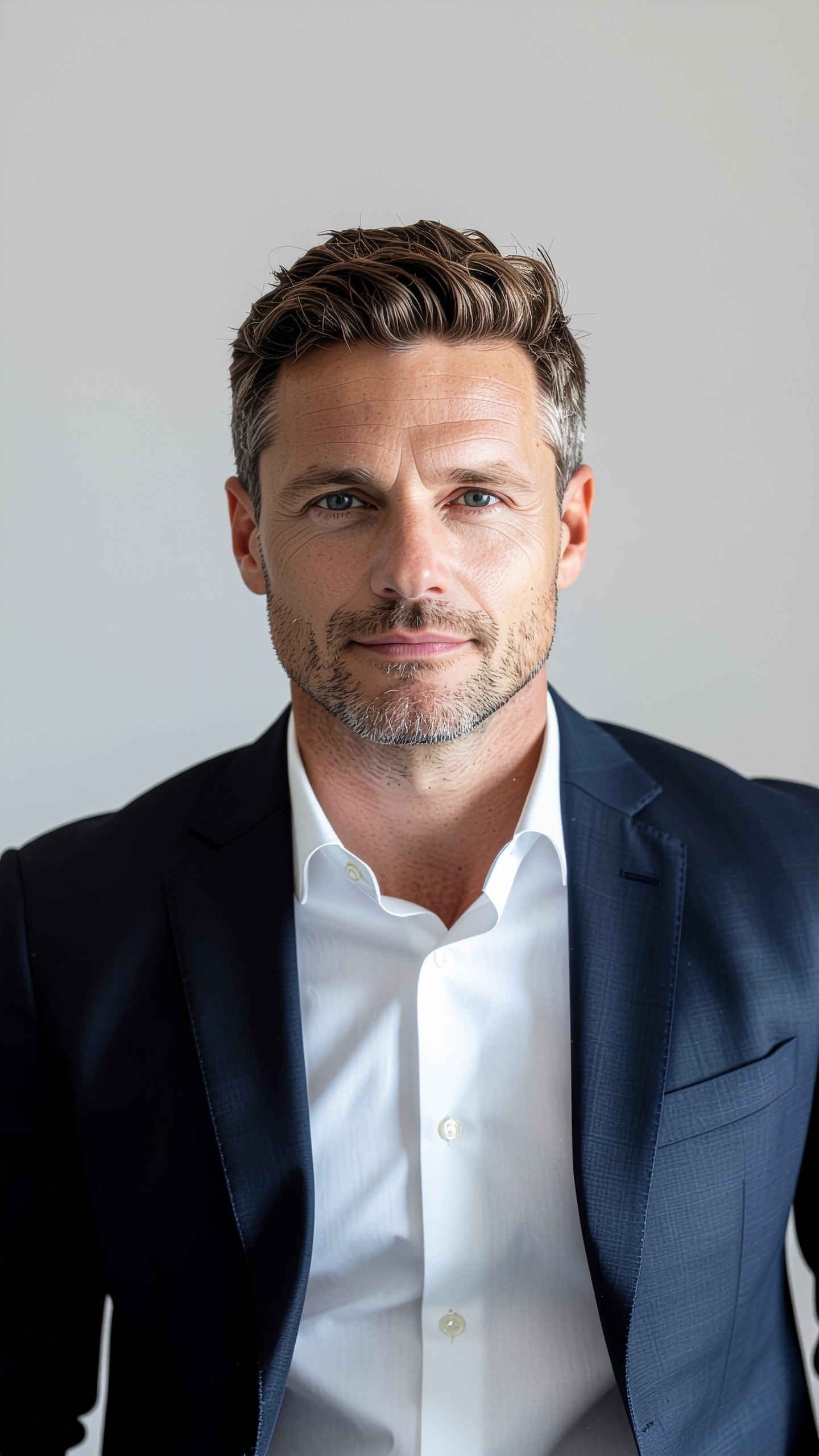 Retrato de um homem em traje formal com um terno azul escuro e camisa branca, posando em um fundo neutro. A iluminação suave destaca suas feições e cabelos bem arrumados. A composição é centrada, com um foco nítido no rosto, transmitindo uma atmosfera profissional e elegante.