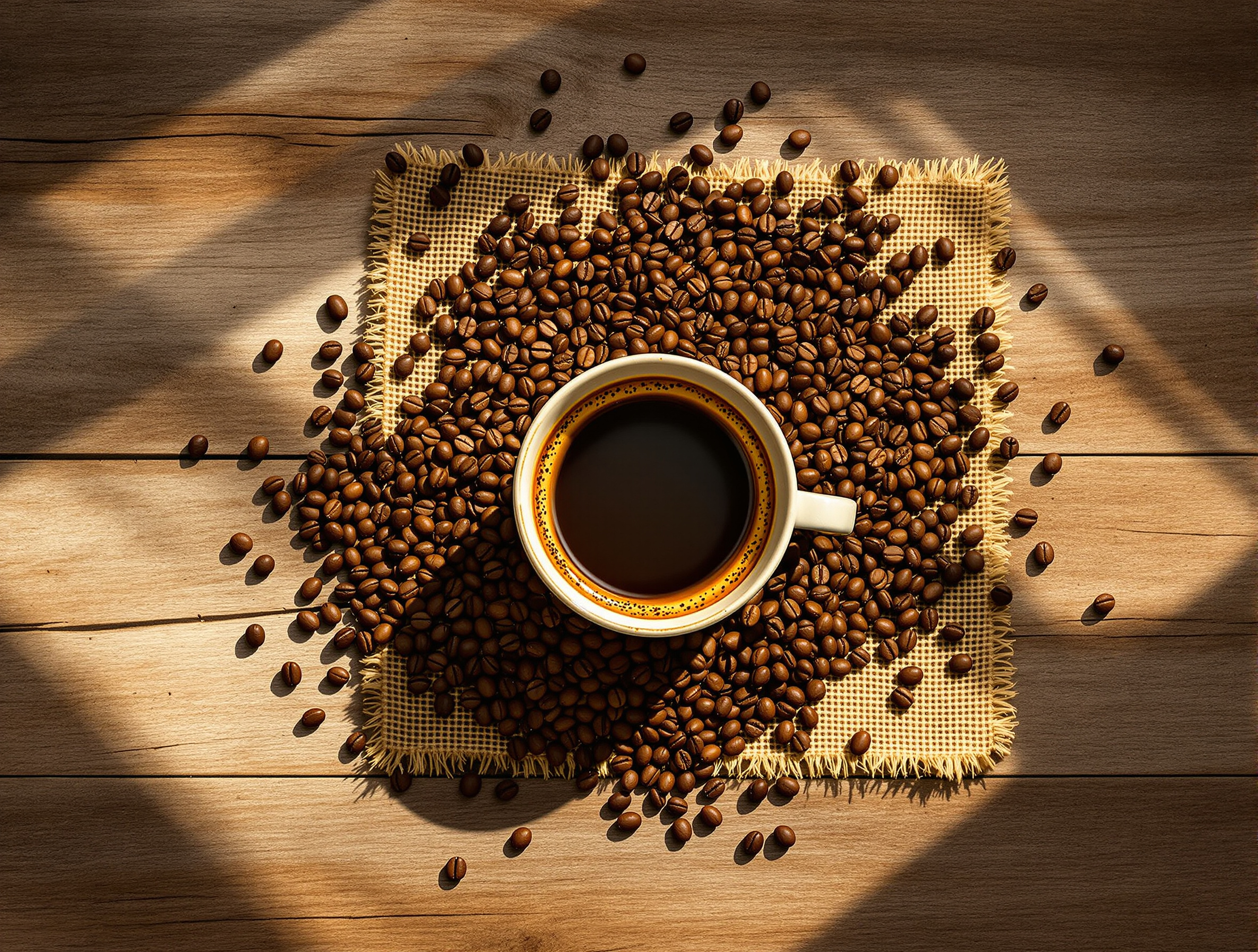 A steaming cup of coffee sits on a bed of roasted coffee beans on a wooden table