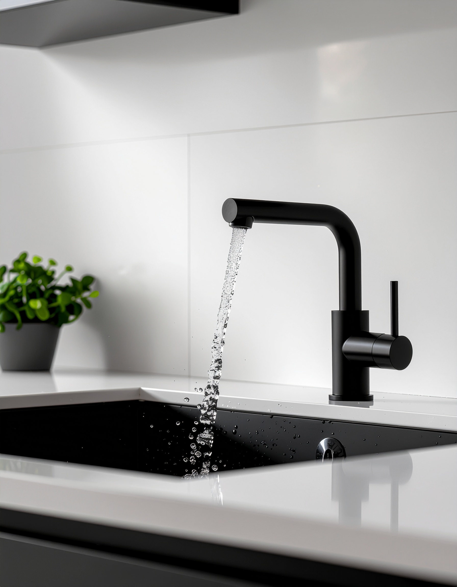 Cozinha moderna com torneira preta de design minimalista, água fluindo em pia de superfície brilhante, fundo branco e planta decorativa, criando ambiente sofisticado e elegante.
