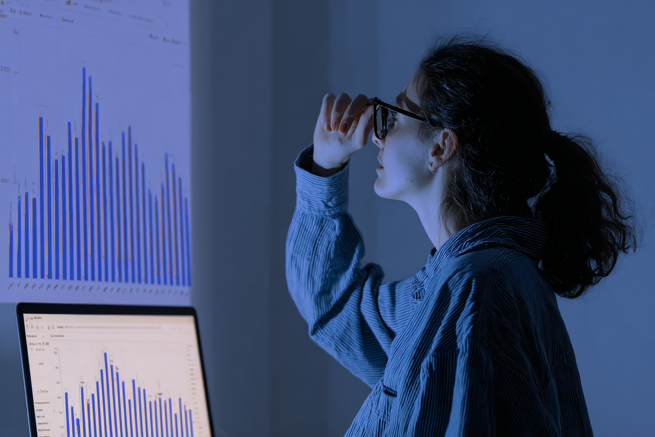 Pessoa analisa gráficos de dados em tela de computador, refletindo ambiente corporativo moderno e concentrado, com iluminação azulada e foco em análise de dados e tecnologia.