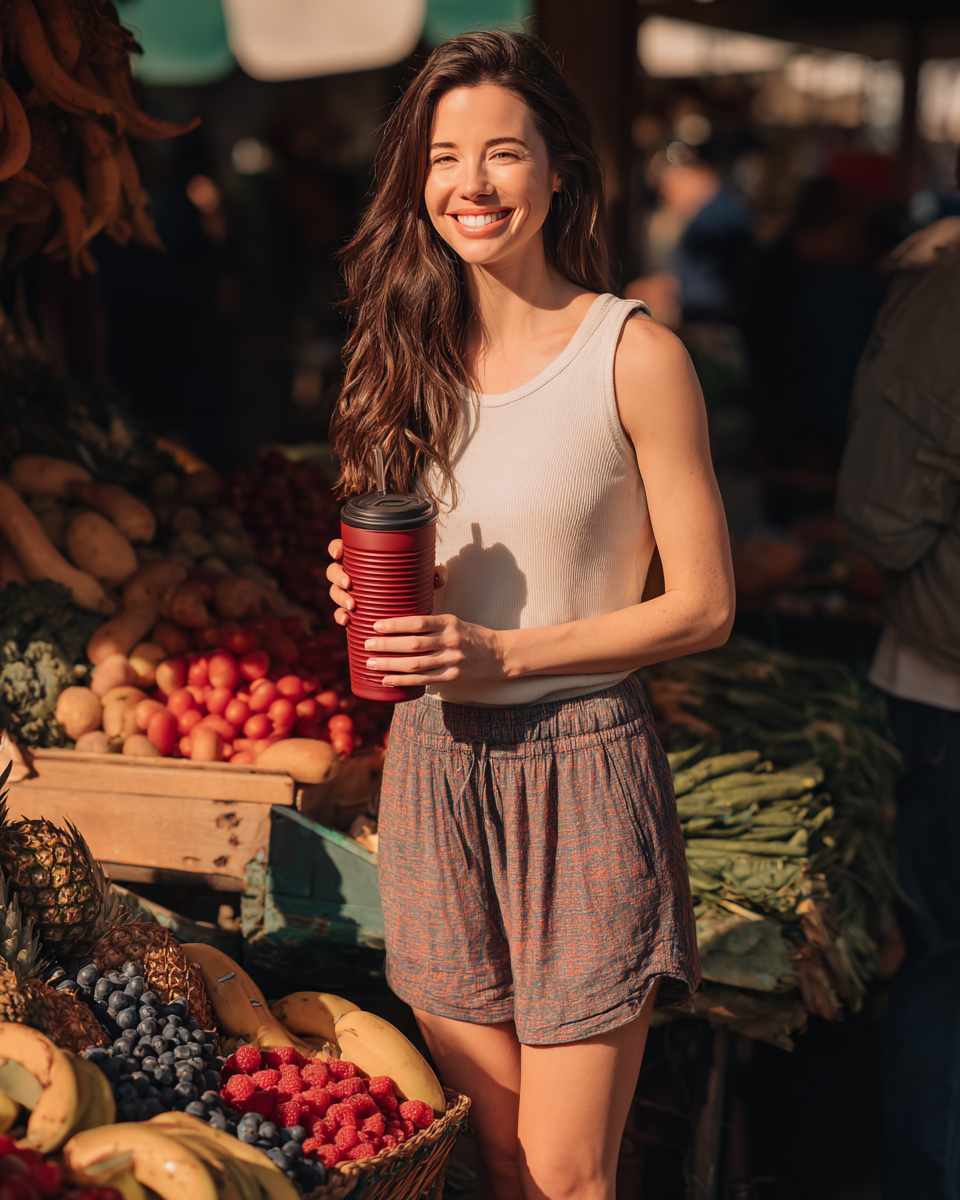 Mulher sorridente em um mercado de frutas ao ar livre, segurando um copo vermelho. A luz solar realça suas feições e as cores vibrantes das frutas ao redor. Composição harmoniosa com enfoque na expressão alegre, capturada em um ângulo frontal que destaca a interação com o ambiente diversificado e colorido.