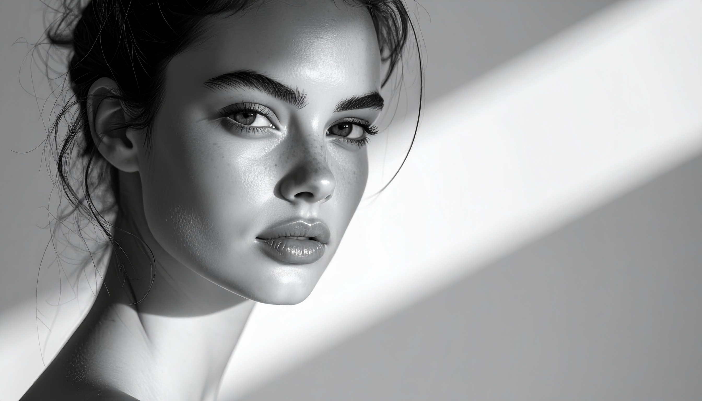 A close-up monochrome portrait of a young woman with striking features and a natural expression