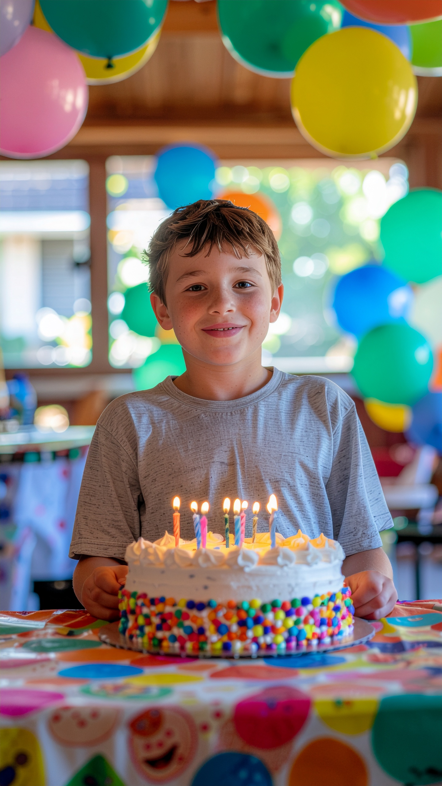 A joyful child is celebrating a birthday with a colorful cake and lit candles