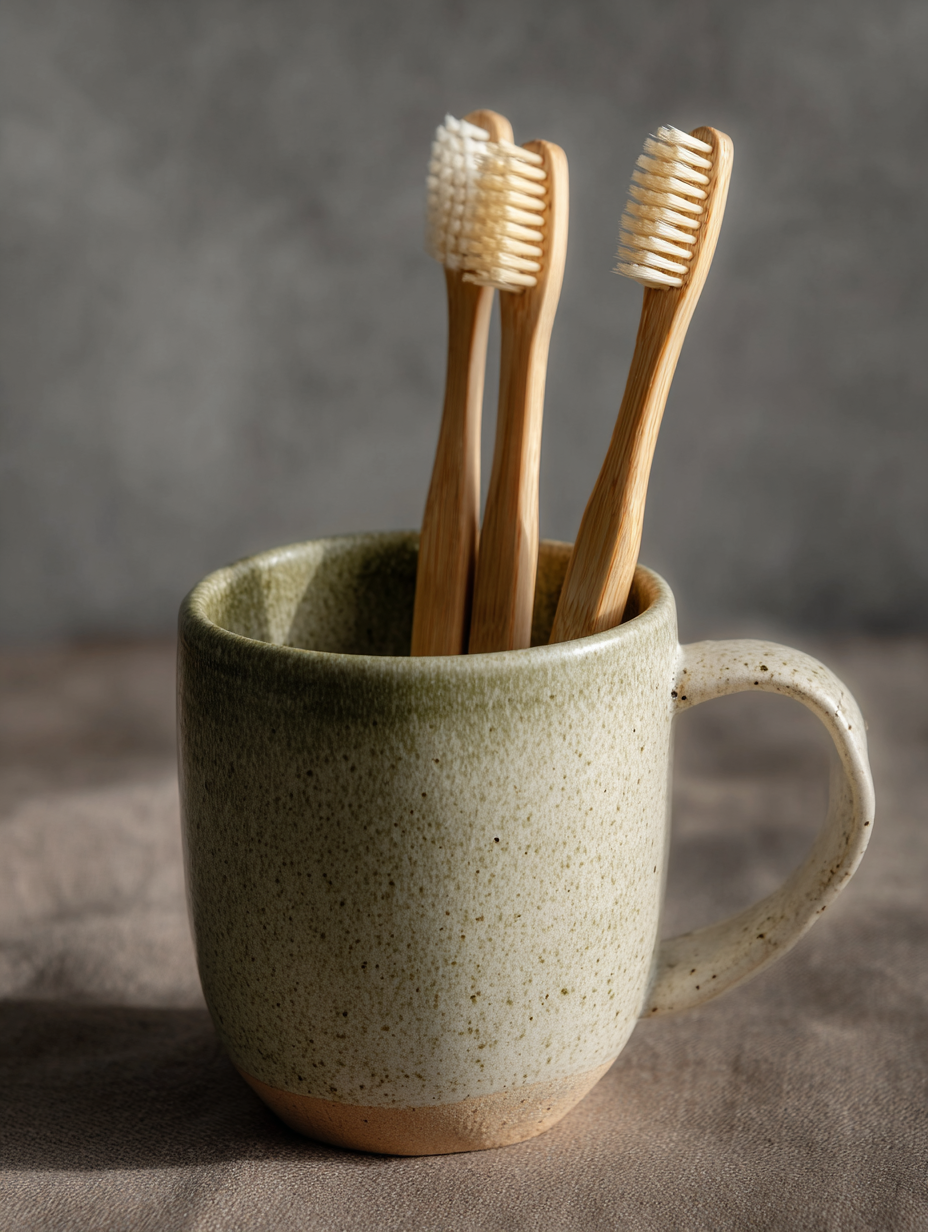 Três escovas de dentes de bambu dentro de uma caneca de cerâmica verde em tons naturais e suaves. A iluminação suave cria sombras sutis, destacando a textura das cerdas e o acabamento rústico da caneca, com um fundo neutro desfocado que acentua os objetos em primeiro plano. A composição minimalista e o ângulo ligeiramente elevado dão uma sensação de equilíbrio e harmonia.