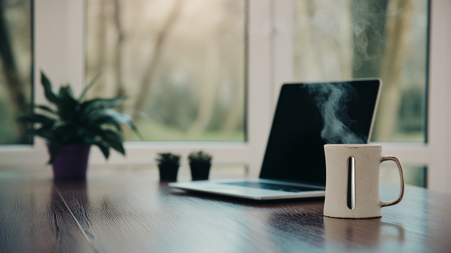 Cena de escritório iluminado por luz natural, mostrando uma mesa de madeira escura com um laptop aberto e uma caneca de cerâmica branca soltando vapor de café quente. Ao fundo, uma janela ampla revela uma vista desfocada do exterior, enquanto pequenas plantas em vasos adicionam um toque de verde ao ambiente. A composição é equilibrada e minimalista, com foco nítido na caneca e um desfoque sutil no restante, criando uma atmosfera serena e produtiva.