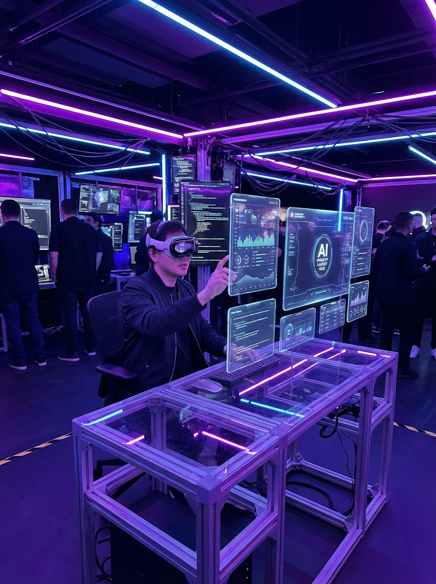 A man in a tech-driven environment interacts with futuristic digital screens