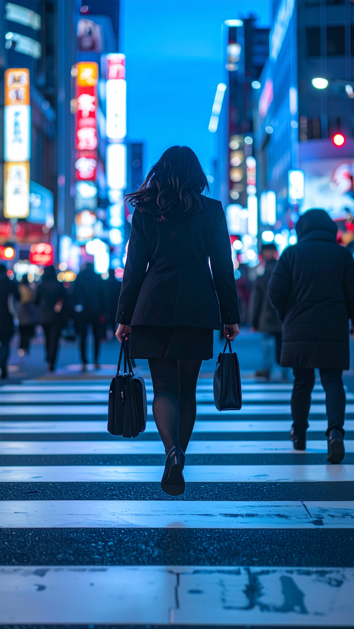 A woman in a stylish black coat confidently crosses a bustling city street