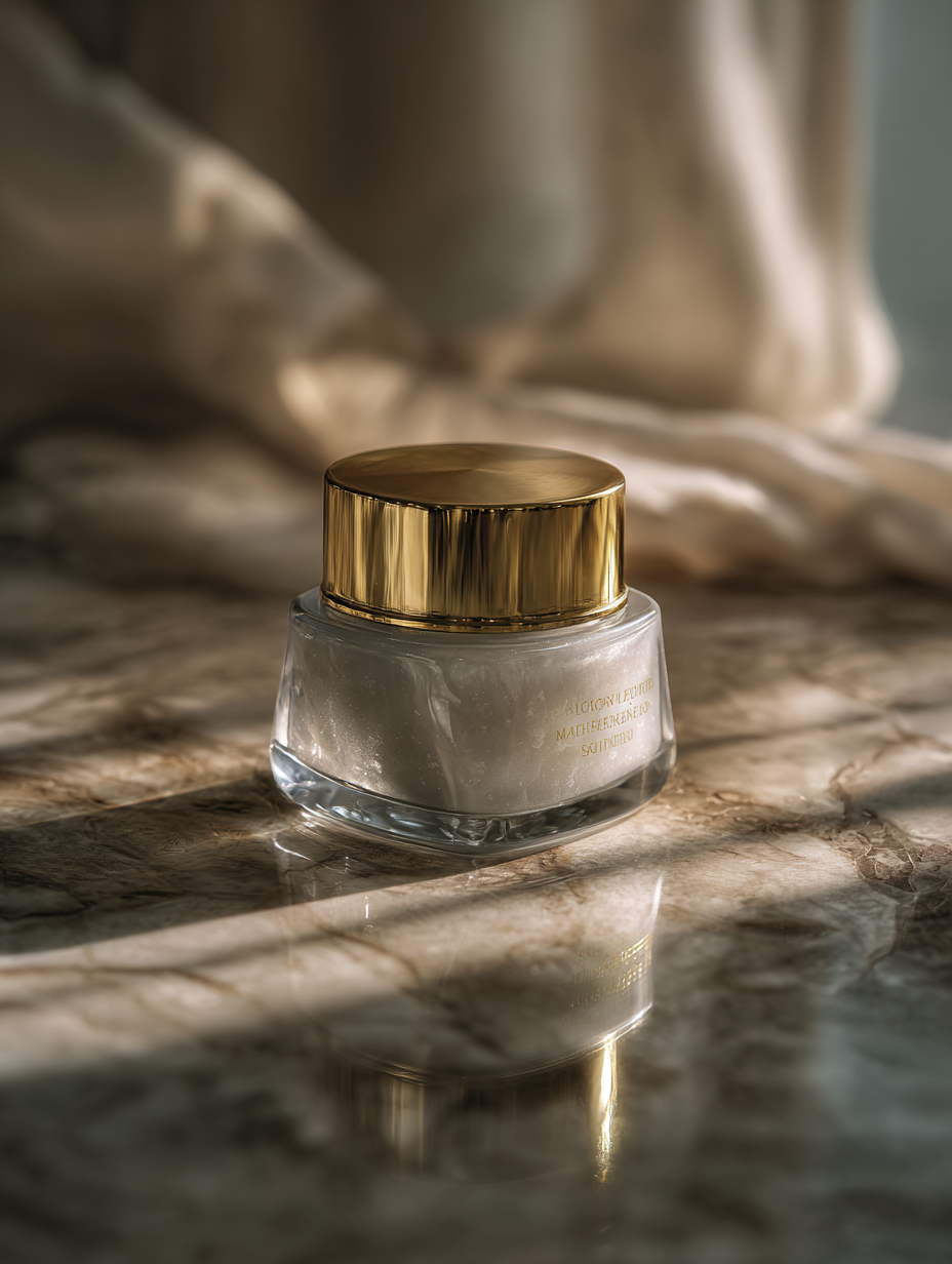 Frasco elegante de creme com tampa dourada em superfície de mármore polido, iluminado por luz suave e difusa, criando reflexos sutis e atmosfera sofisticada, foco nítido no frasco, fundo desfocado.