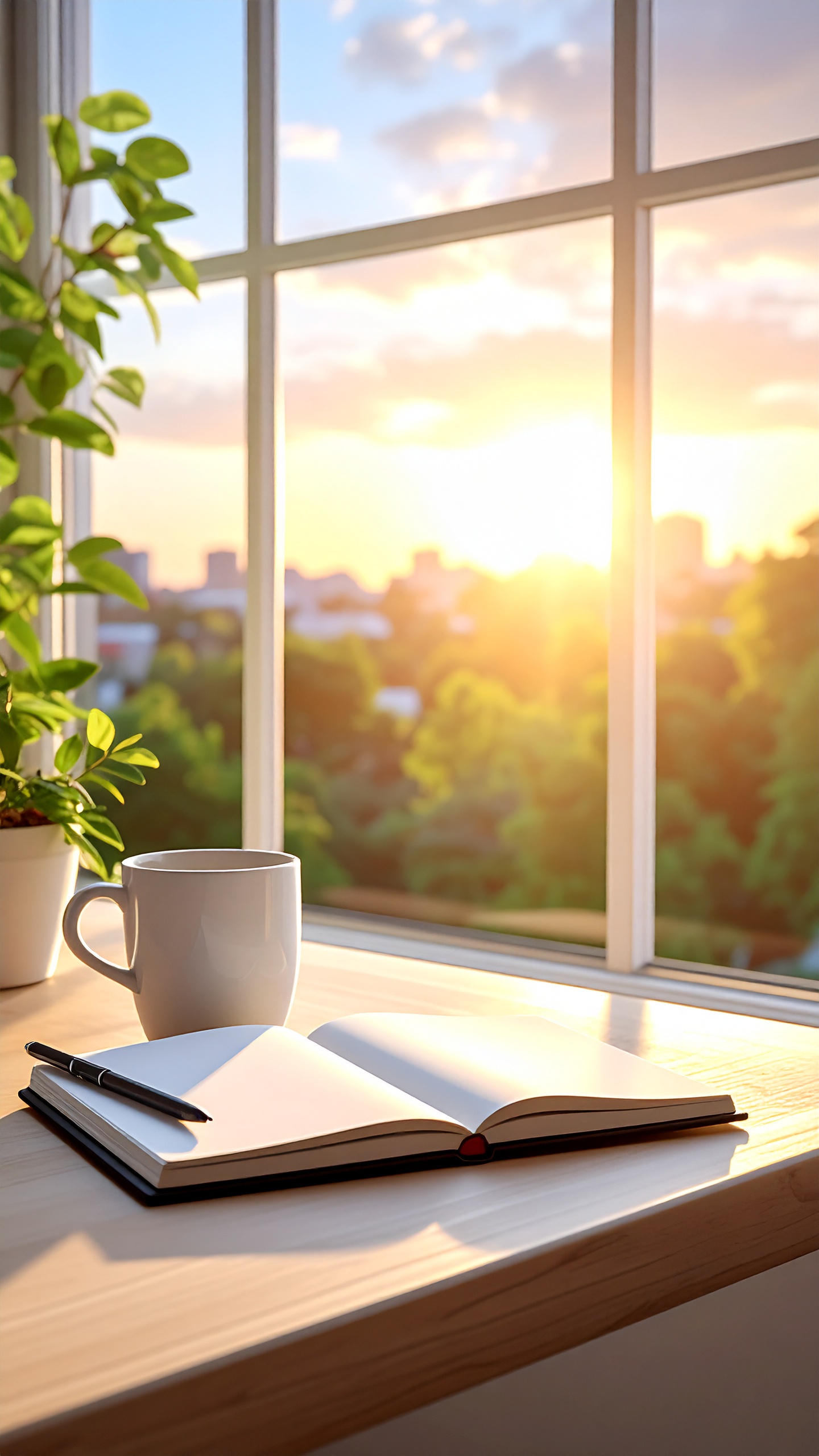 A sunlit notebook and mug on a wooden windowsill create a serene workspace