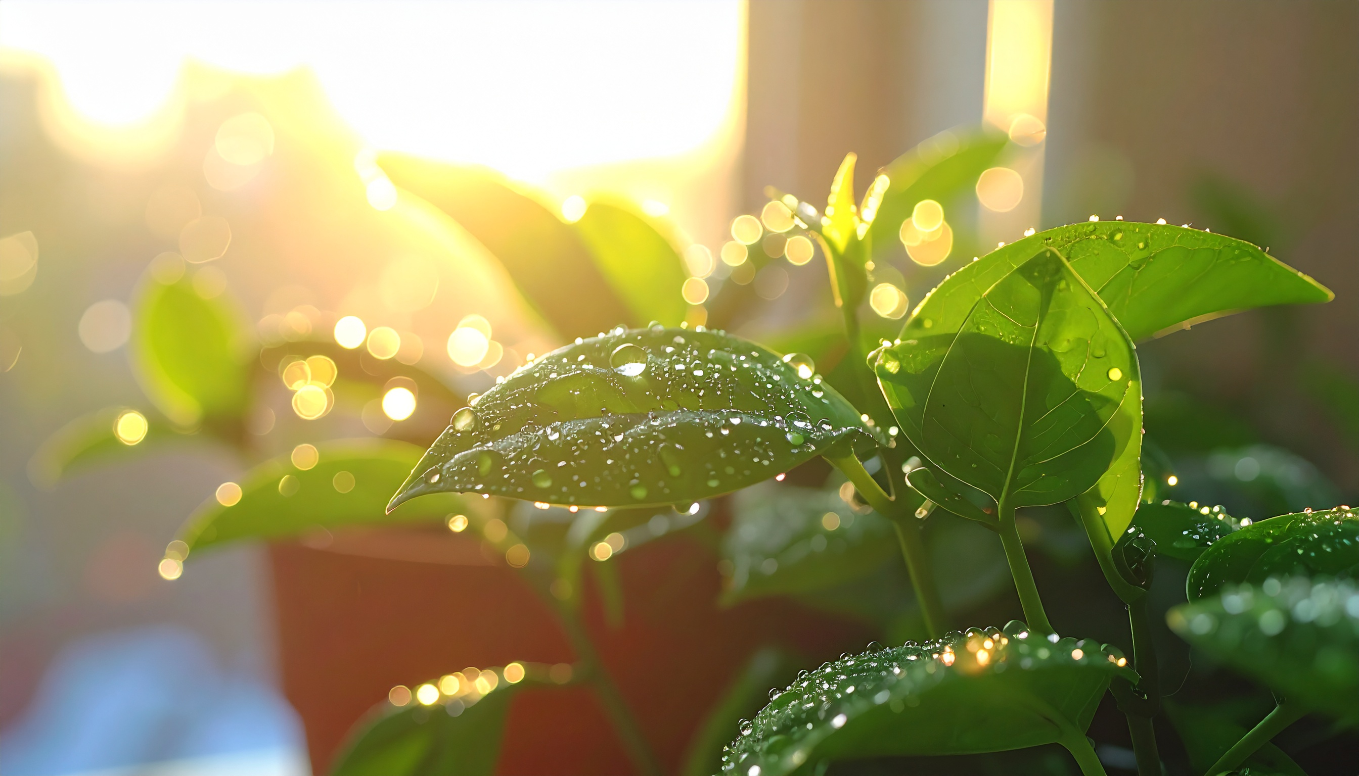 Fresh Green Leaves with Dew Drops in Morning Light
