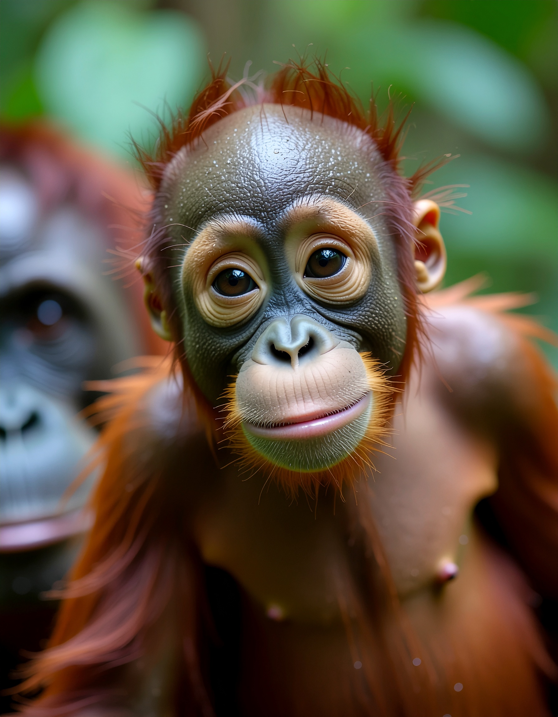 Um jovem orangotango com expressão curiosa em meio à floresta tropical. Animais como este são fundamentais para ecossistemas florestais, contribuindo para a dispersão de sementes. A imagem destaca o pelo avermelhado e os olhos expressivos do animal, criando um forte apelo emocional. Fotografias de vida selvagem são ideais para sensibilização ambiental e material educacional. Este tipo de imagem é valioso para campanhas de conservação e estudos sobre biodiversidade.