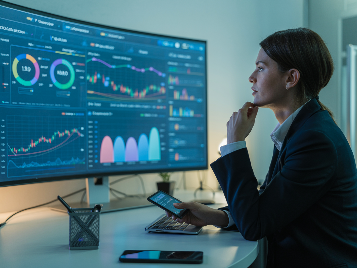 Businesswoman Analyzing Financial Graphs on Laptop in Modern Office