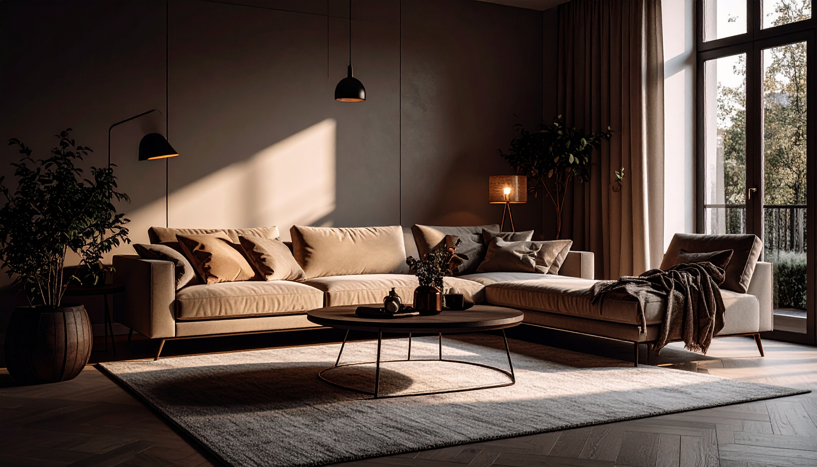 Sala de estar elegante com sofá em tons neutros e almofadas aconchegantes, cercada por luz suave de abajures e janelas amplas. A composição minimalista é enriquecida por uma mesa de centro circular em madeira e plantas decorativas, criando uma atmosfera acolhedora e sofisticada, com iluminação natural destacando o espaço.