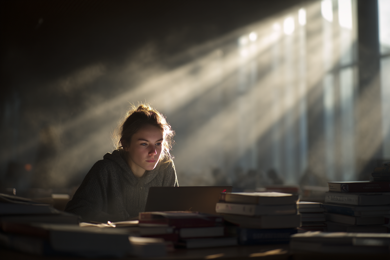 Jovem estudante concentrada em um laptop, cercada por pilhas de livros, iluminada por raios de luz suave que entram pela janela. A imagem retrata um ambiente de estudo tranquilo e inspirador.