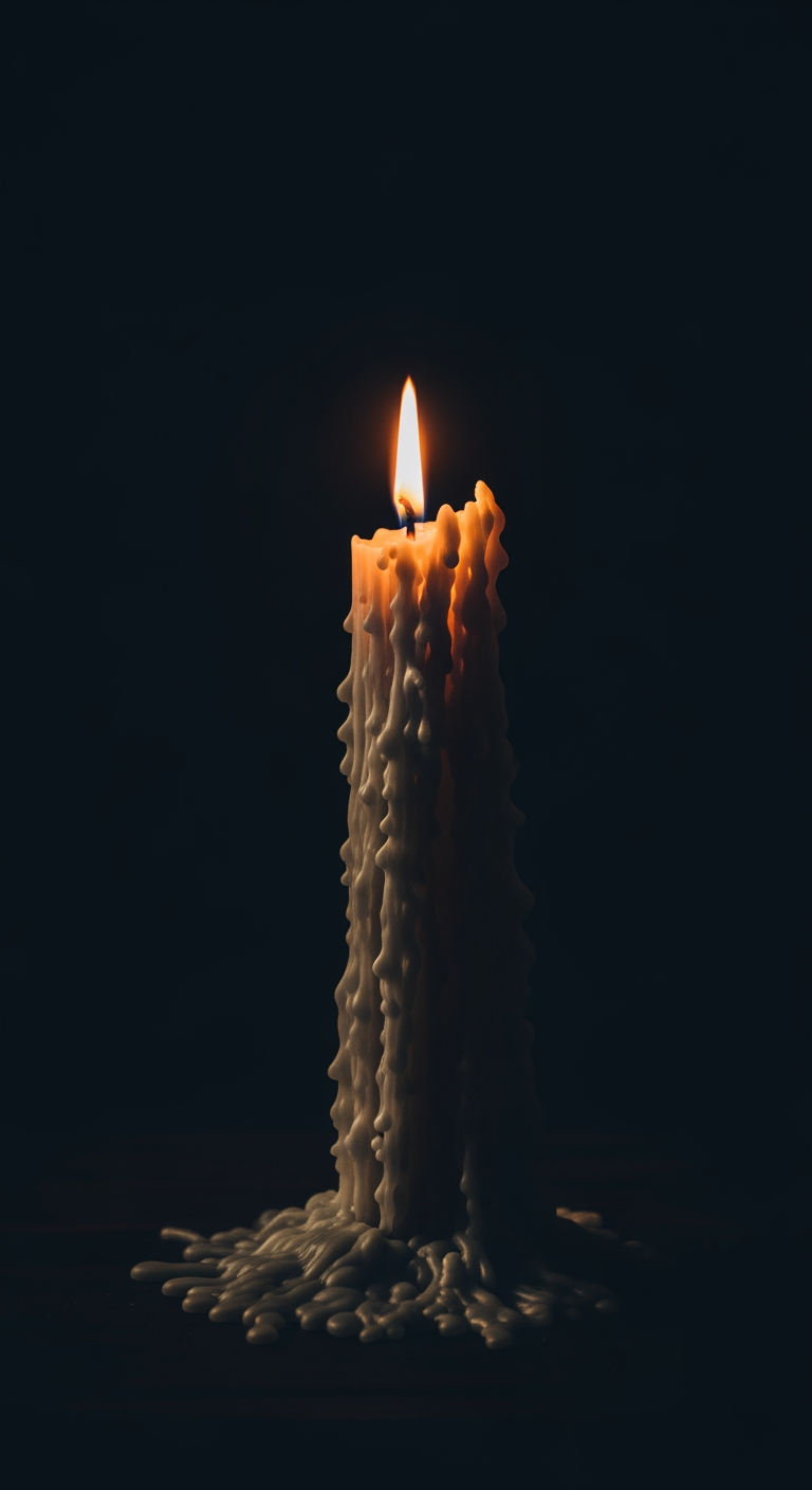 A tall, elegant candle burns with a gentle flame in a dark setting