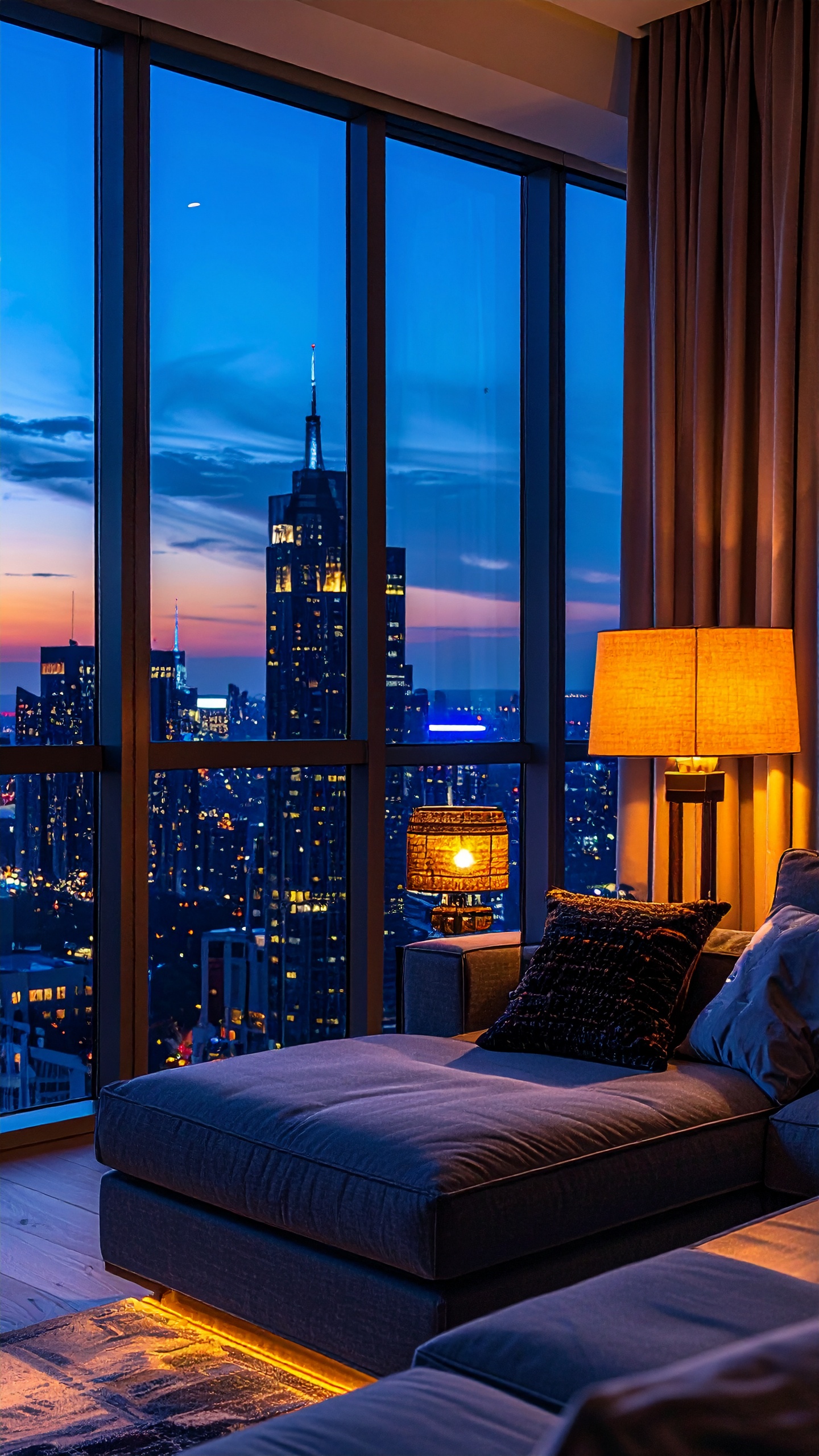 Luxurious apartment with a breathtaking cityscape view at dusk