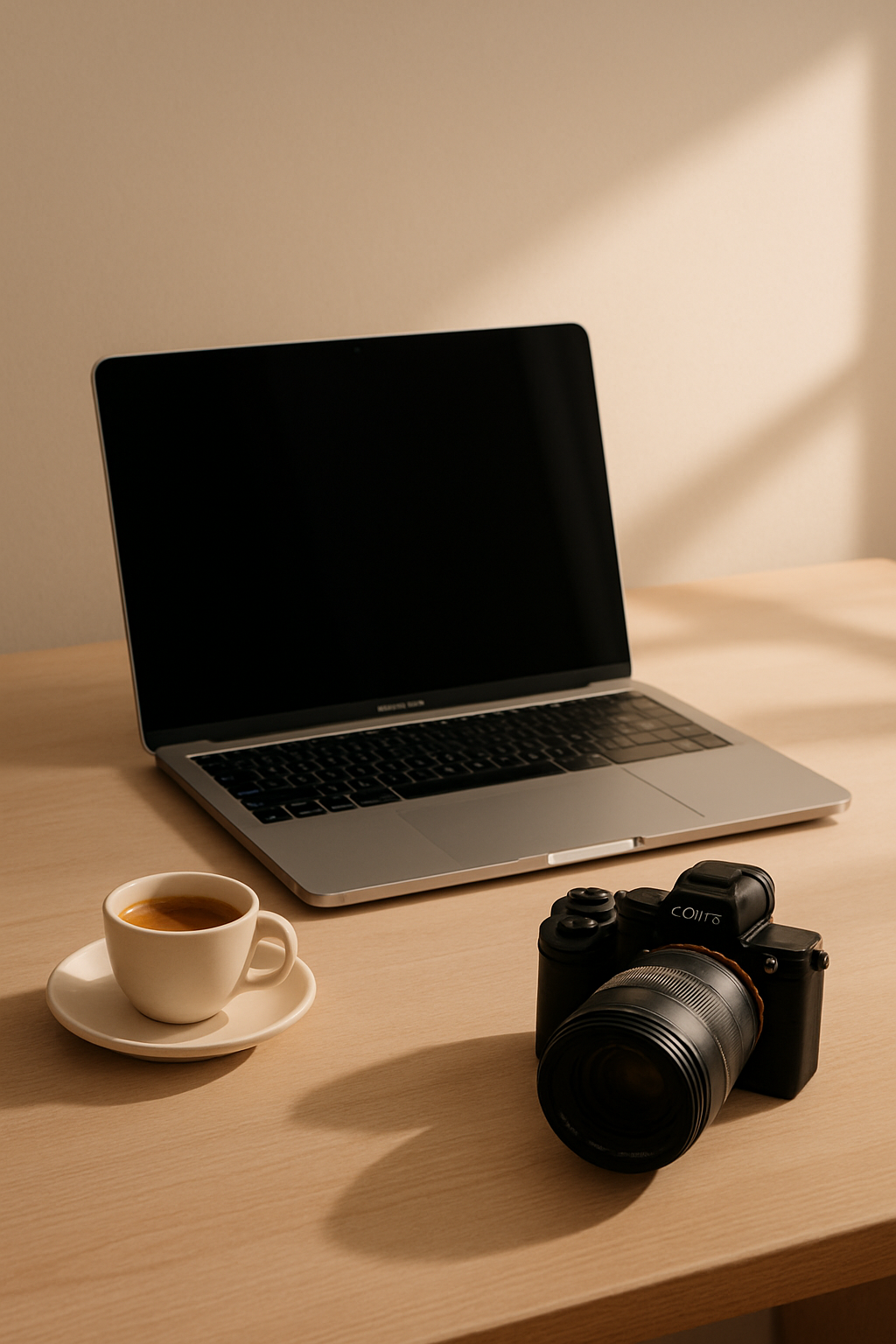 Light Wood Desk with Closed Laptop and Coffee