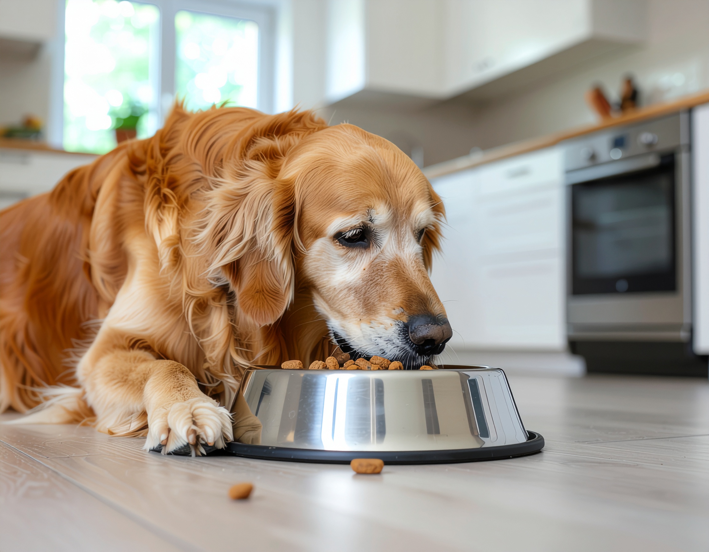 Cão Golden Retriever dourado comendo de uma tigela de metal em uma cozinha iluminada, com chão de madeira clara, móveis brancos modernos e luz natural suave.