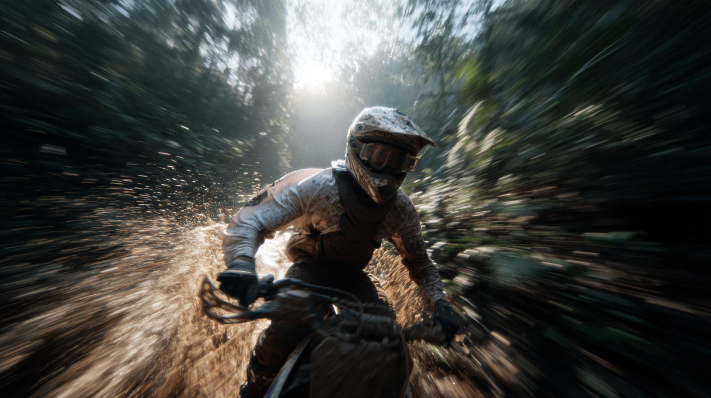 Um motociclista de motocross em alta velocidade, cobrindo-se de lama enquanto acelera por um caminho em uma floresta densa, com raios de luz solar filtrando-se através das árvores.