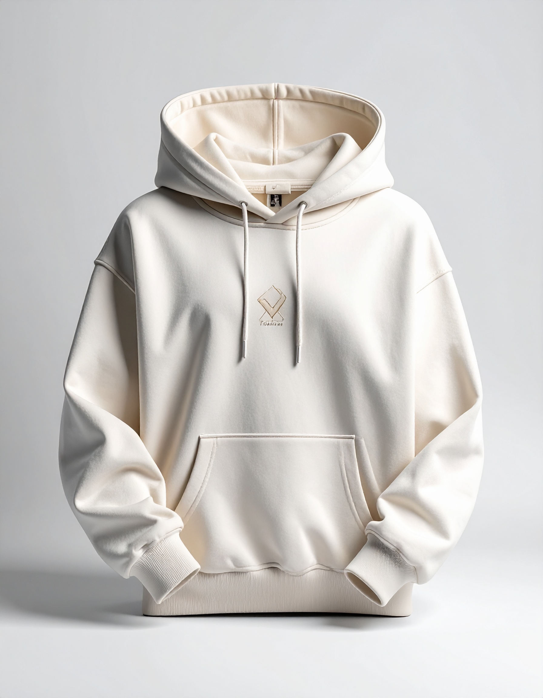 Moletom creme com capuz, textura suave, cordões brancos, logo bordado no peito, iluminação suave destacando detalhes, estilo minimalista e moderno.