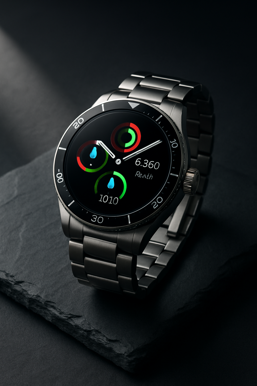 Sleek smartwatch with a stainless steel band on dark slate