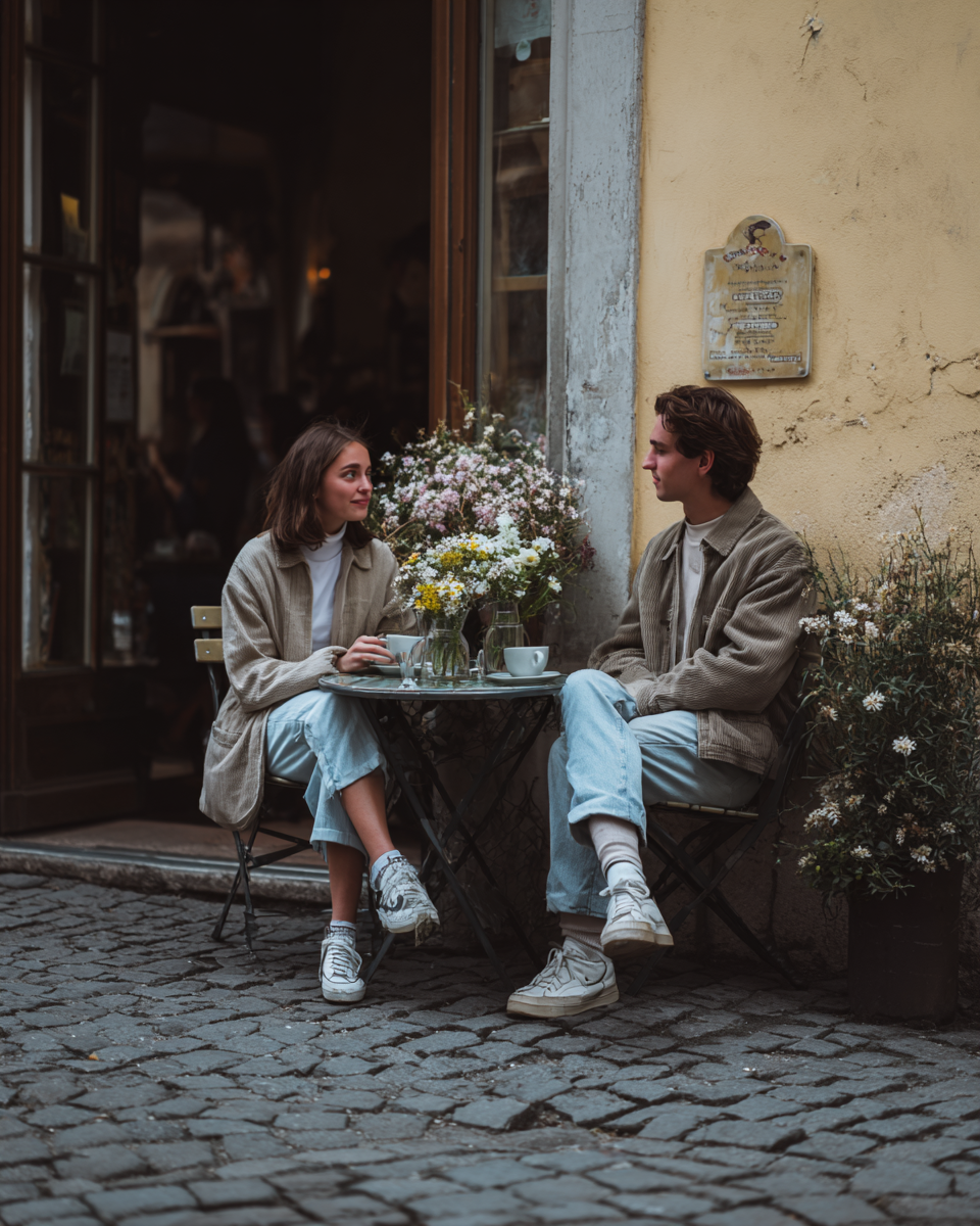 Um casal jovem sentado em uma mesa de café ao ar livre, com flores coloridas ao redor, em uma rua de paralelepípedos. O ambiente é acolhedor e romântico, ideal para encontros e momentos de lazer.