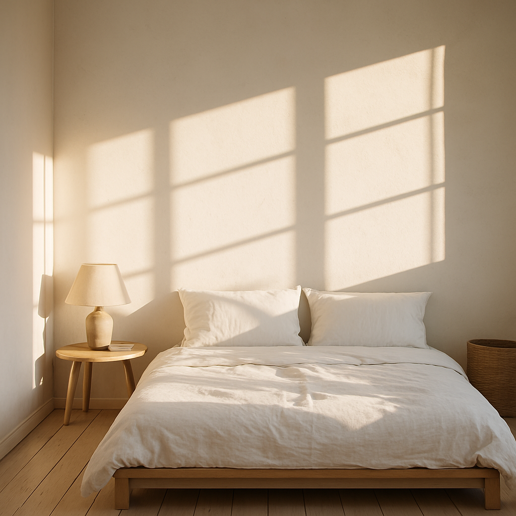 Quarto minimalista e iluminado com uma cama de lençol branco, travesseiros, uma luminária de mesa e uma cadeira de madeira. Luz suave da manhã projetando sombras nas paredes, criando uma atmosfera serena e aconchegante.