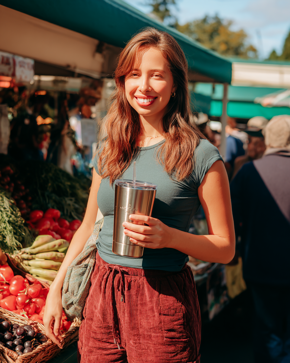 Mulher jovem sorridente segurando um copo reutilizável em mercado de rua ao ar livre, cercada por bancas de frutas e vegetais frescos sob luz solar vibrante, transmitindo alegria e sustentabilidade.