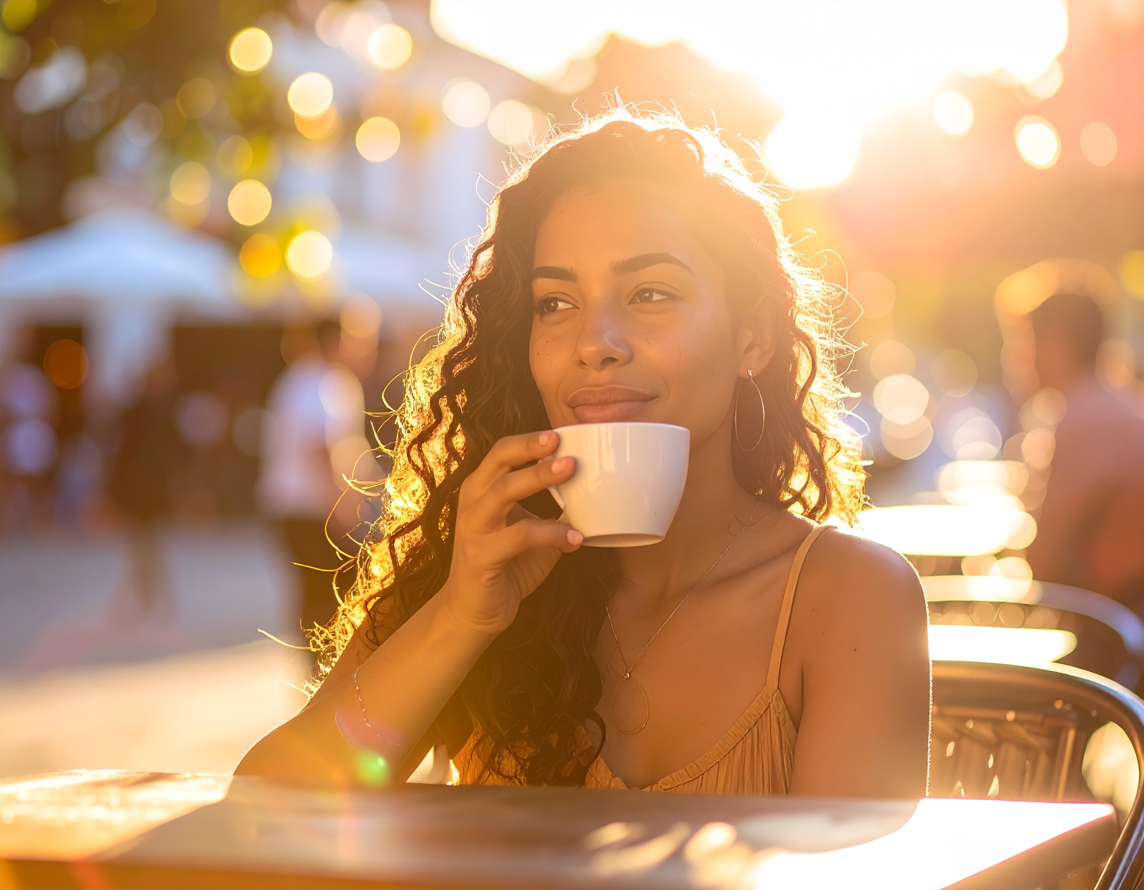 Mulher sorridente em ambiente de café ao ar livre ao entardecer, segurando uma xícara enquanto a luz dourada do sol cria um efeito bokeh ao fundo. A iluminação suave e quente enfatiza os detalhes do cabelo e expressão serena, capturando uma atmosfera relaxante e contemplativa.
